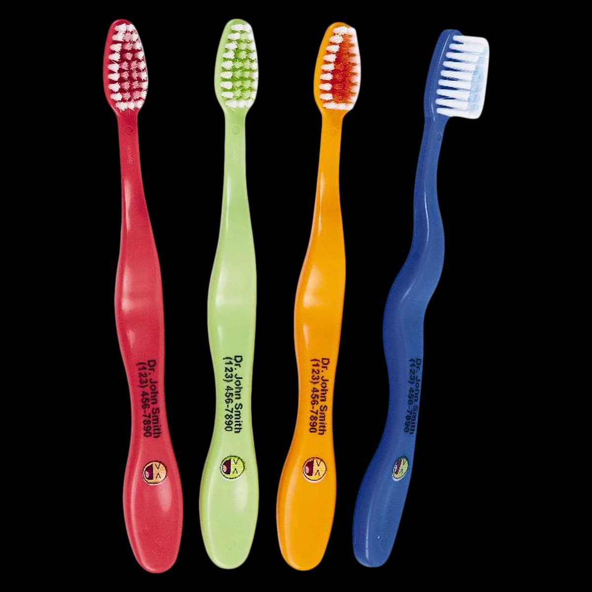 Acclean Imprinted Youth Toothbrush, 30 Tuft Compact, Assorted Wave Handle, Gold/Silver/Black/White Imprint, 144/Box - Imprinted Acclean TBrush Youth - Image 1