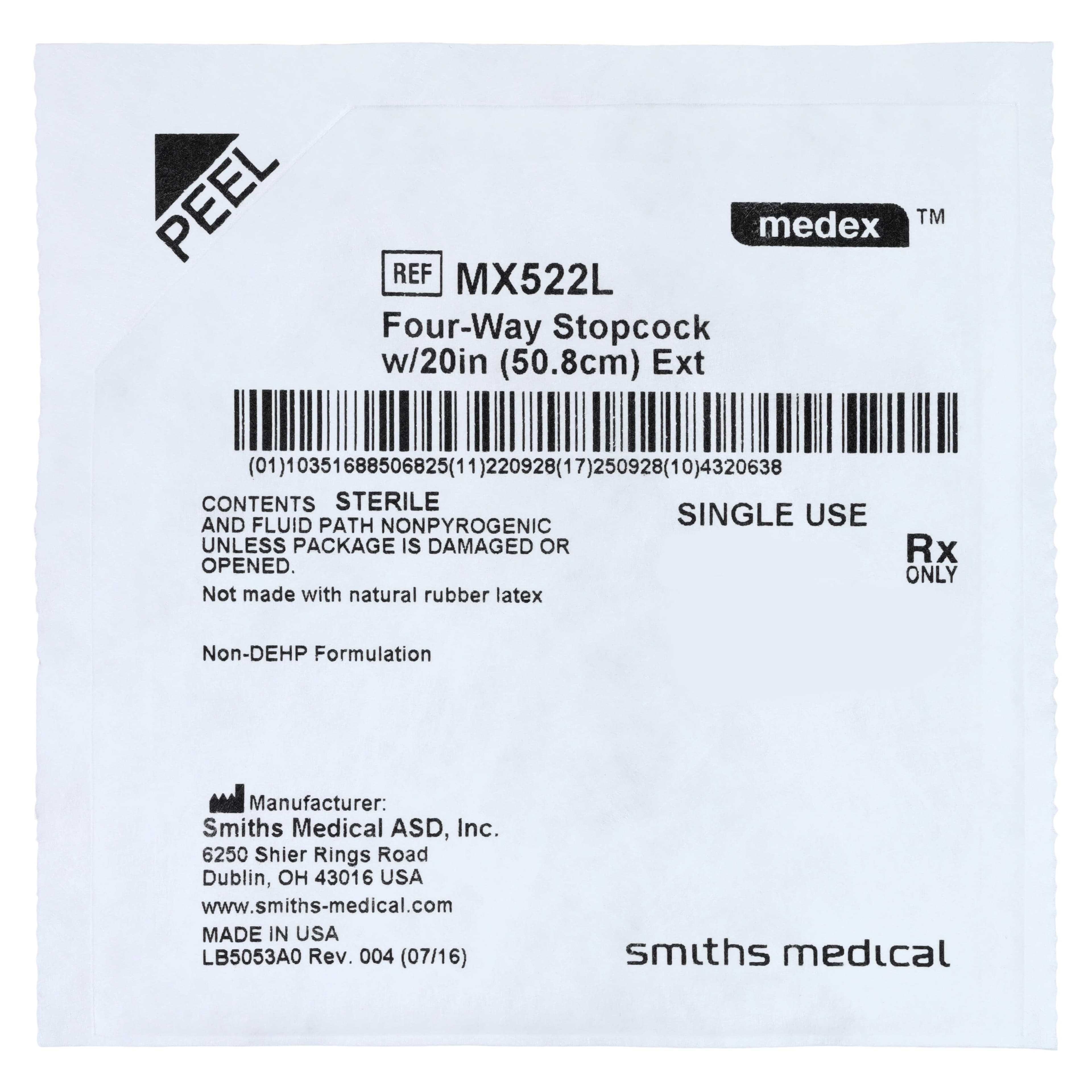 ICU Medical Medex 4-Way Stopcock, 22" Male Luer Lock Adapter, Sterile, Non-DEHP, Latex-Free, 50/Case - Stopcock 4-way 20" Ext - Image 1