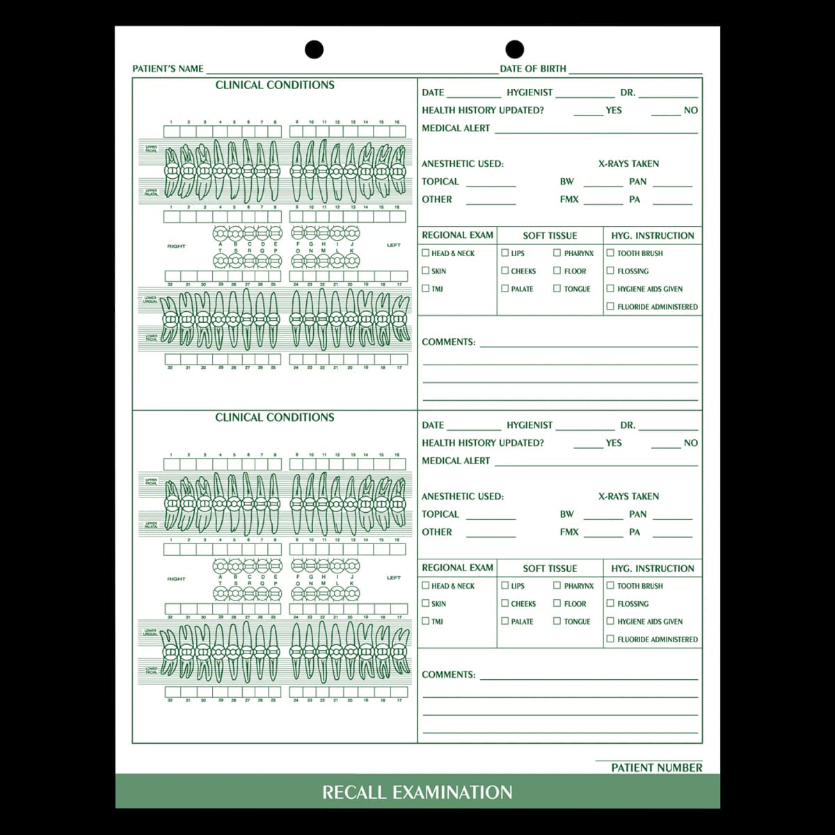 Wilmer Recall Exam Charting Form, 1-Sided, 8.5 in x 11 in, White with Green Ink, 100/Pk - Recall Exam Charting Form - Image 1