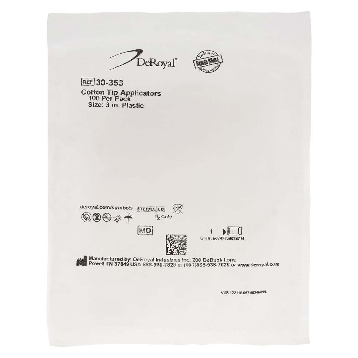 DeRoyal Sterile Cotton-Tipped Applicators, Plastic Shaft, Standard Tip, 3 in, 100/Pkg - Applicator Cotton Tip Plstc ST - Image 1