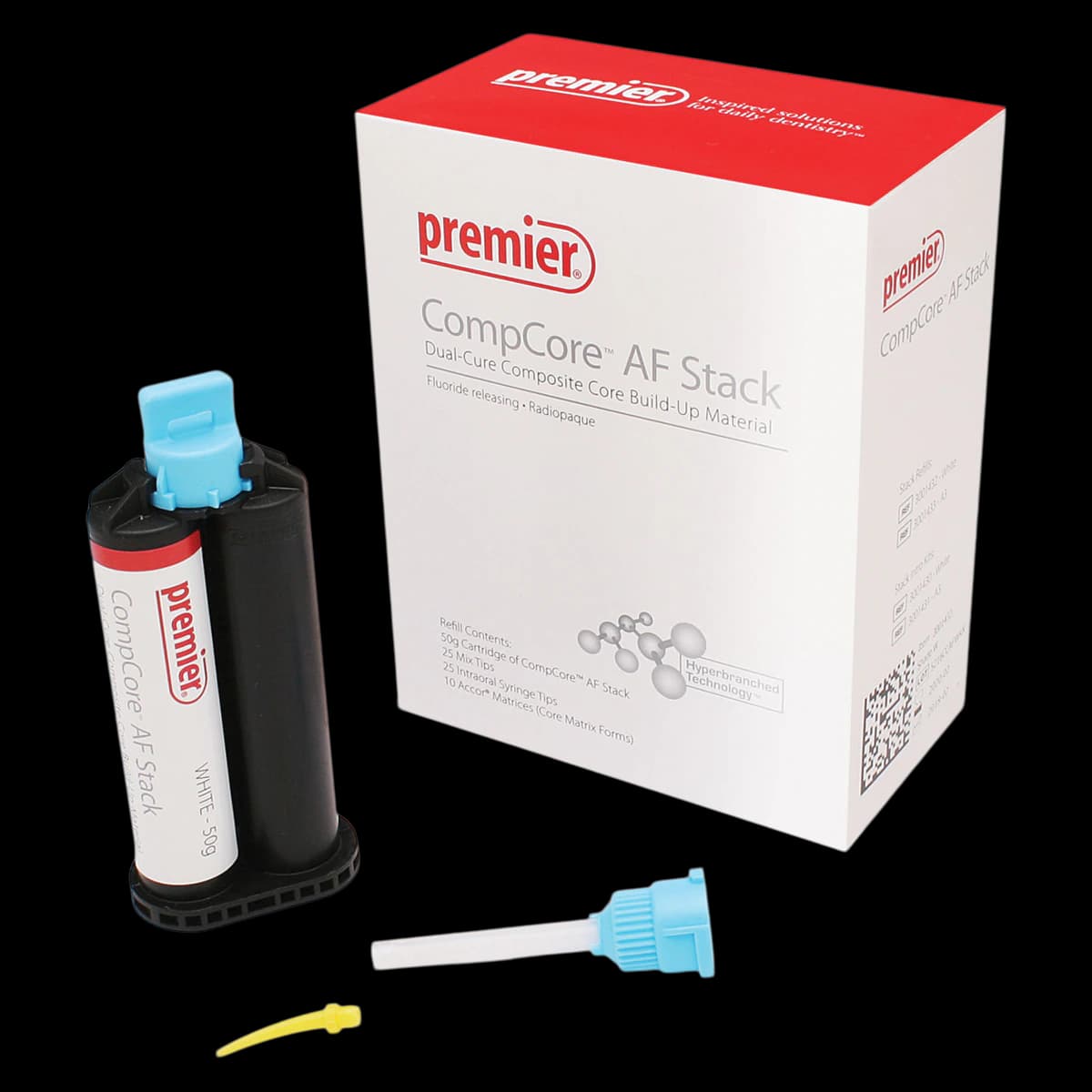 CompCore AF Dual-Cure Core Build-Up Material, White Refill Package, 50 g Cartridge, 25 Mix Tips, 25 Intraoral Tips, 10 Accor Matrices, #3001432 - CompCore AF Dual Cure White Refill - Image 1