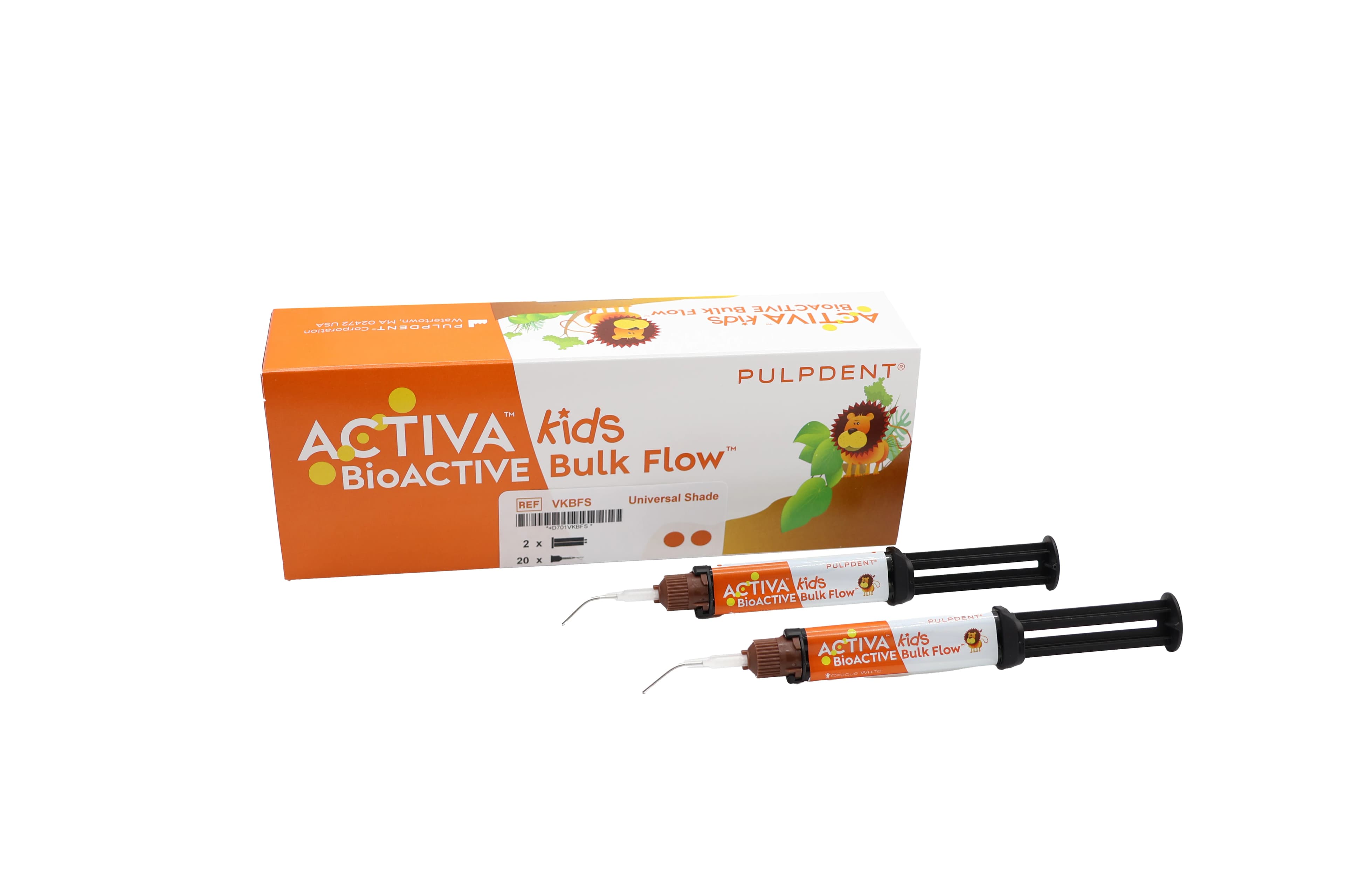 ACTIVA™ Kids BioACTIVE Bulk Flow™ Universal ShadeFusion™ 5g Syringe Twin Kit (2×5g/3mL Syringes + 20 Automix Tips, VKBFS) - ACTIVA™ Kids BioACTIVE Bulk Flow™ Universal Shade Fusion 5g Syringe Twin Kit - Image 1