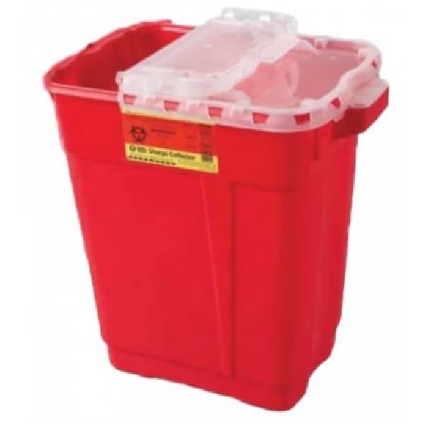 Becton-Dickinson Sharps Container, 9 Gallon, Red/Clear, Hinge Lid, 11-3/4" x 17-3/4" x 18-1/2", Double-Wall, Handles - Sharps Cont Hinge Lid - Image 1