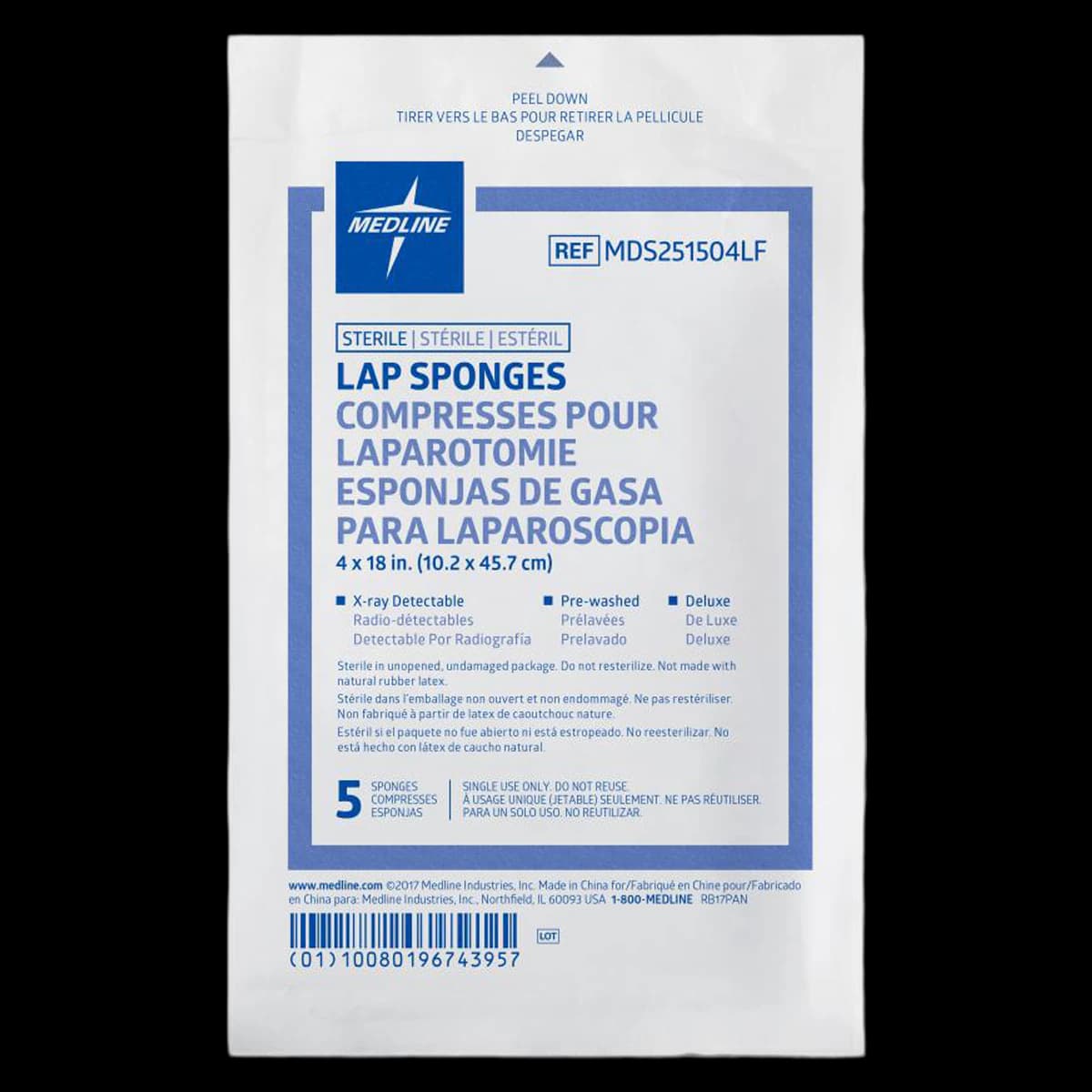 Medline Pre-Washed Laparotomy Sponge, 4x18", Sterile, X-Ray Detectable - X-Ray Sponges Lap - Image 1