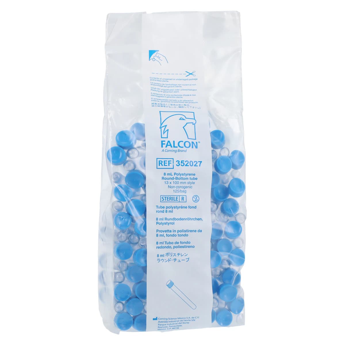 Falcon Polystyrene Round Bottom Test Tube with Blue Screw Cap, 8mL, 13x100mm, Sterile, 125/Pk - Tube Rnd Btm Strl W/Cap 8mL - Image 1