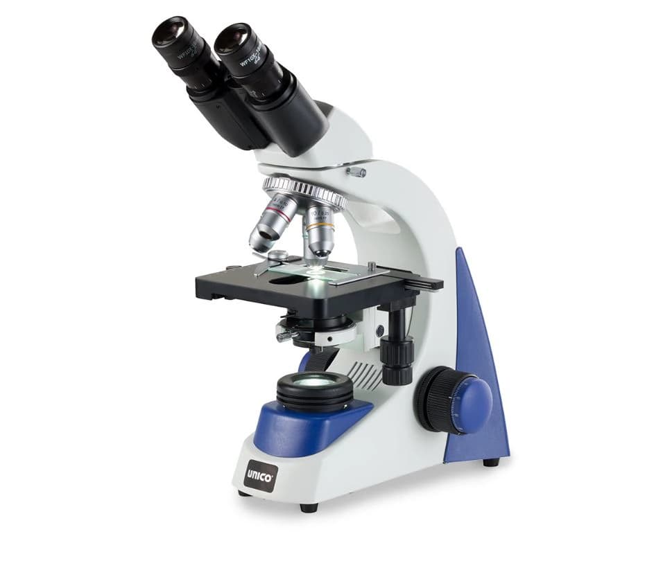 Unico Binocular Microscope with Plan Objectives, 4X/10X/40X/100X, Mechanical Stage, LED, Iris Diaphragm - Microscope w/ plan Objective - Image 1