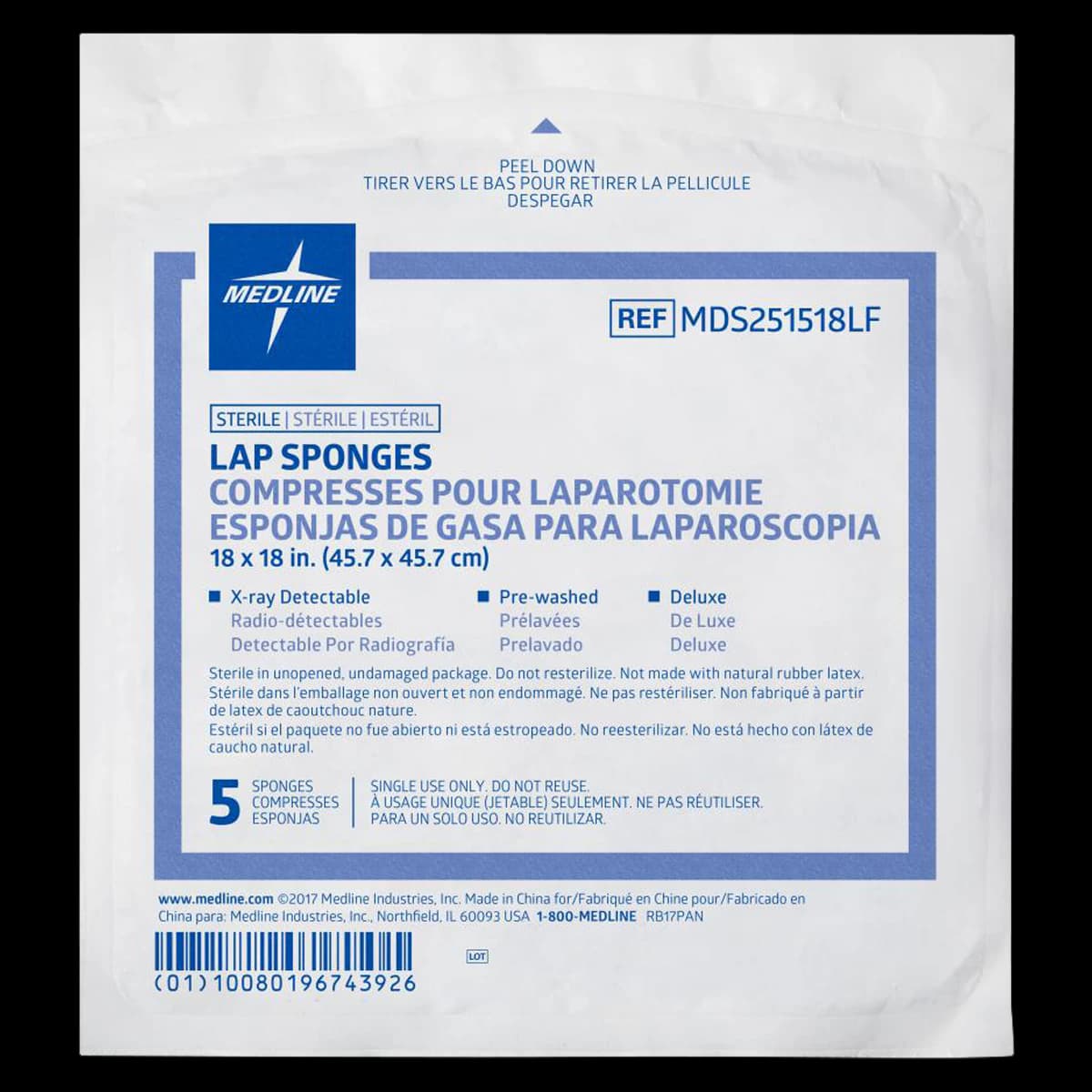 Medline Pre-Washed Laparotomy Sponge, 18x18", X-Ray Detectable, Sterile - Lap Sponges XRay 18x18 - Image 1