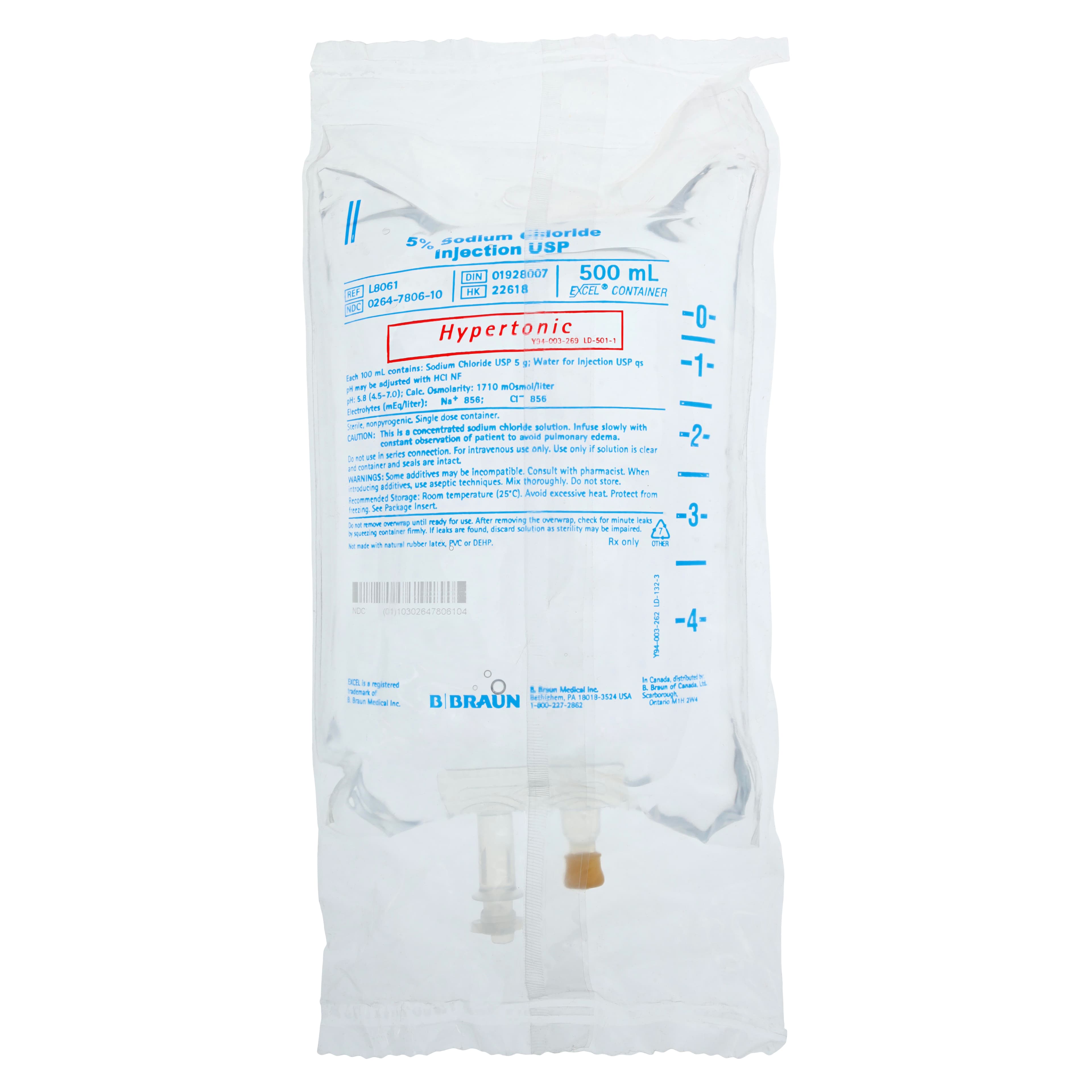 B. Braun Excel Sodium Chloride 5% Injection USP, 500 mL IV Bag, DEHP-Free, Sterile, Each - Sodium Chloride 5% Inj USP - Image 1