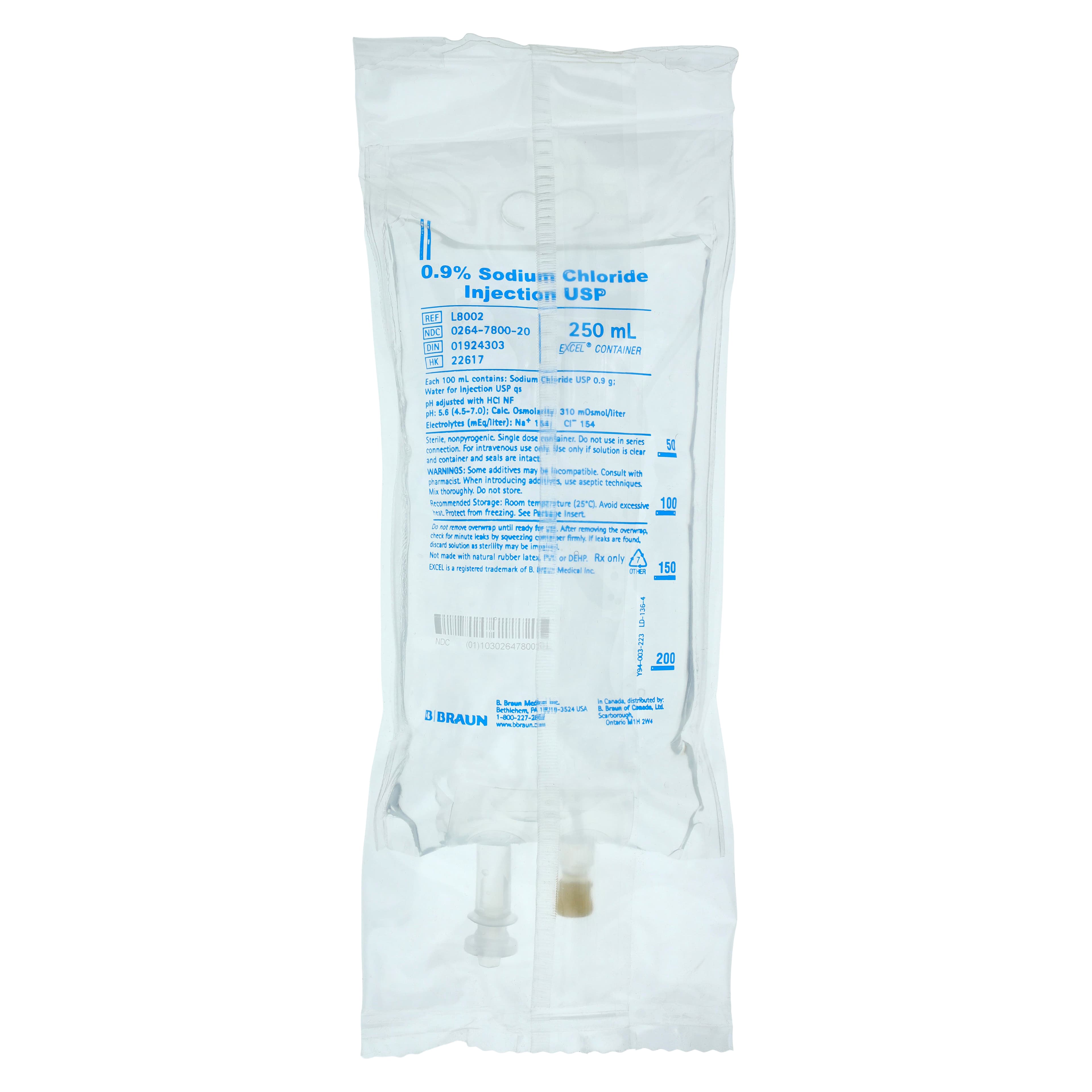 B. Braun 0.9% Sodium Chloride Injection USP, 250 mL EXCEL Plus IV Bag, L8002 - 0.9% Sodium Chloride Injection, USP, 250 ml, 1/Pk, L8002 - Image 1