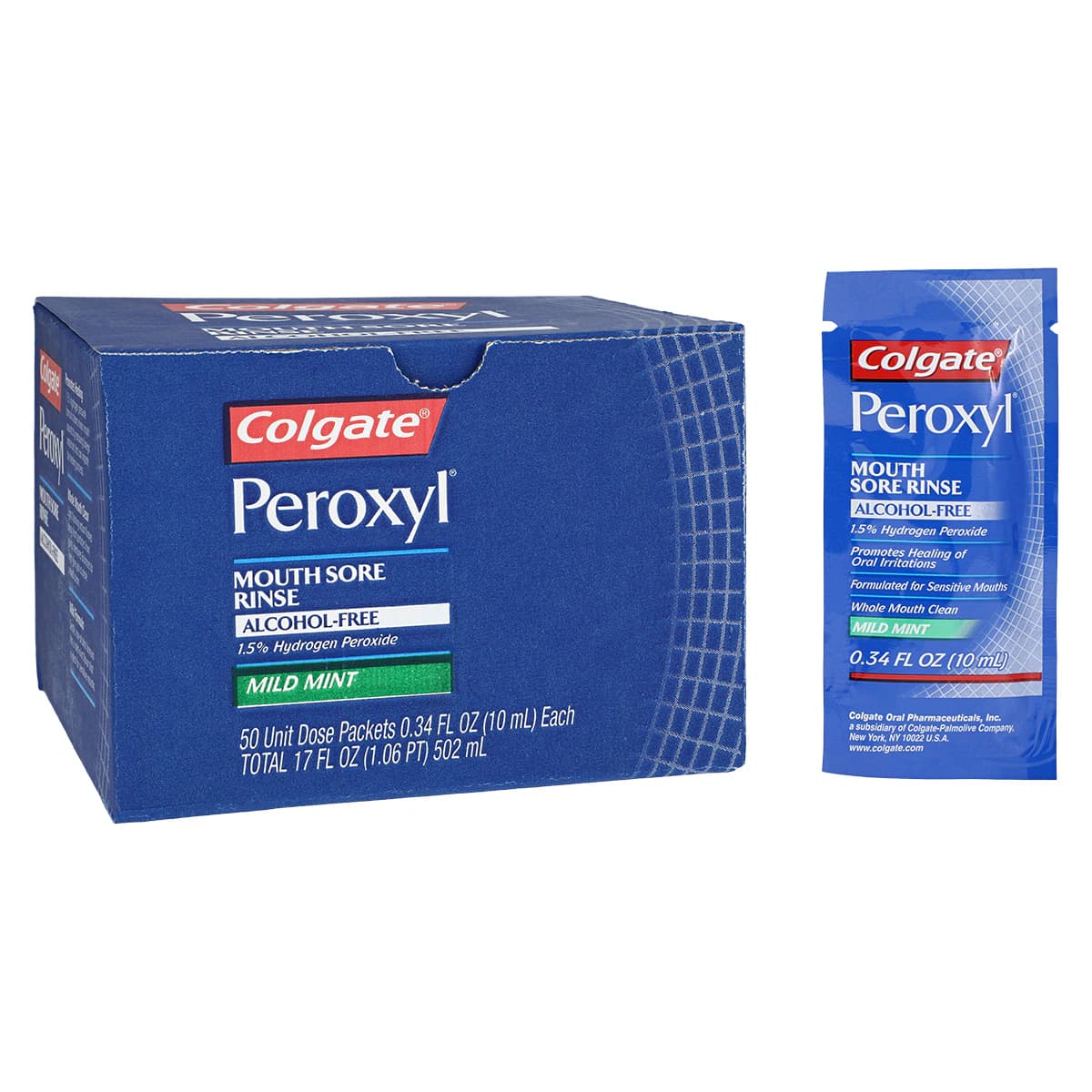 Colgate Peroxyl Mouth Sore Rinse, 1.5% Hydrogen Peroxide, Alcohol-Free, Mint, 10 mL Unit Dose Packets, 50/Box - Peroxyl Mouth Sore Rinse Unit Dose Packets - Image 1