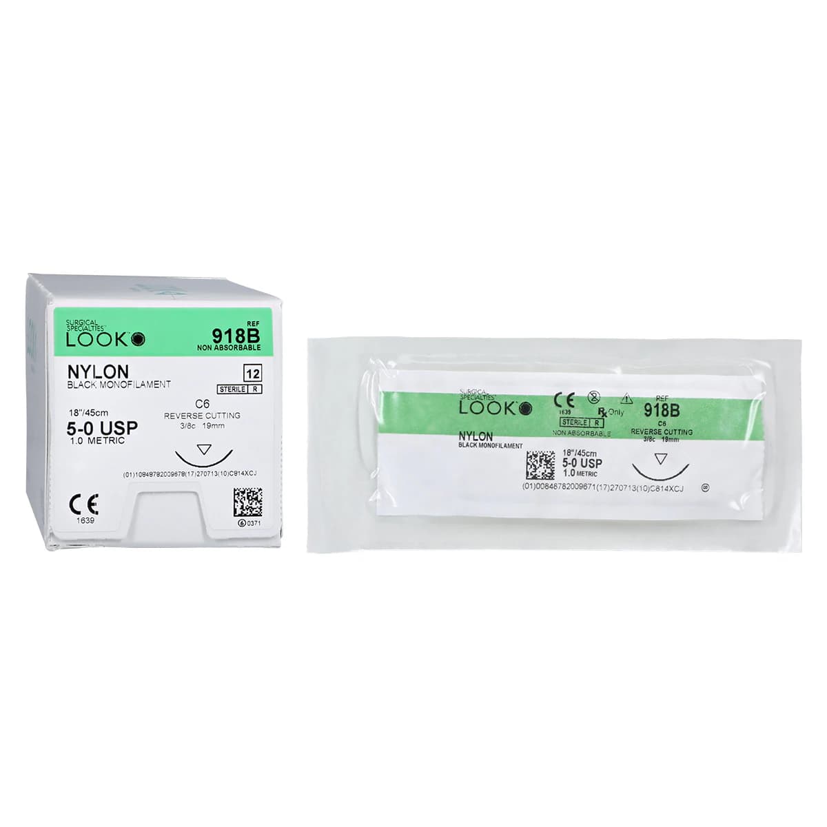 Look 918B Nylon Suture with C6 Needle (RC), Black Monofilament, 5-0, 18"/45 cm, 12/Pk - Nylon Suture with C6 Needle (RC), Black Monofilament, 18"/45 cm, # 5-0, 12/Pk, 918B - Image 1