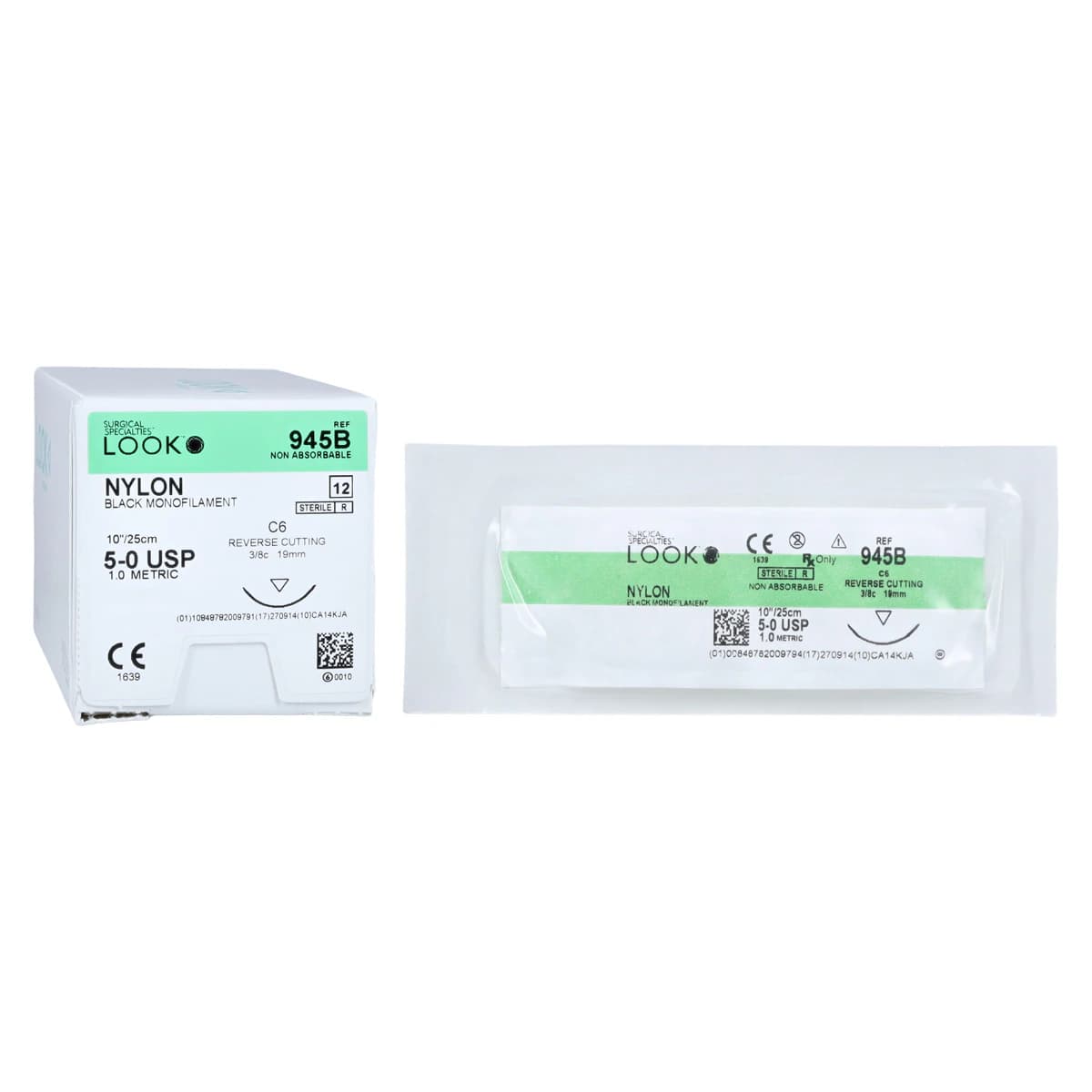 Look 945B Nylon Suture, 5-0, Black Monofilament, 10" (25 cm), C6 Reverse Cutting Needle 18 mm 3/8 Circle, 12/Pk - Nylon Suture with C6 Needle (RC), 18 mm 3/8 Circle, Black Monofilament, 10"/25 cm, # 5-0, 12/Pk, 945B - Image 1
