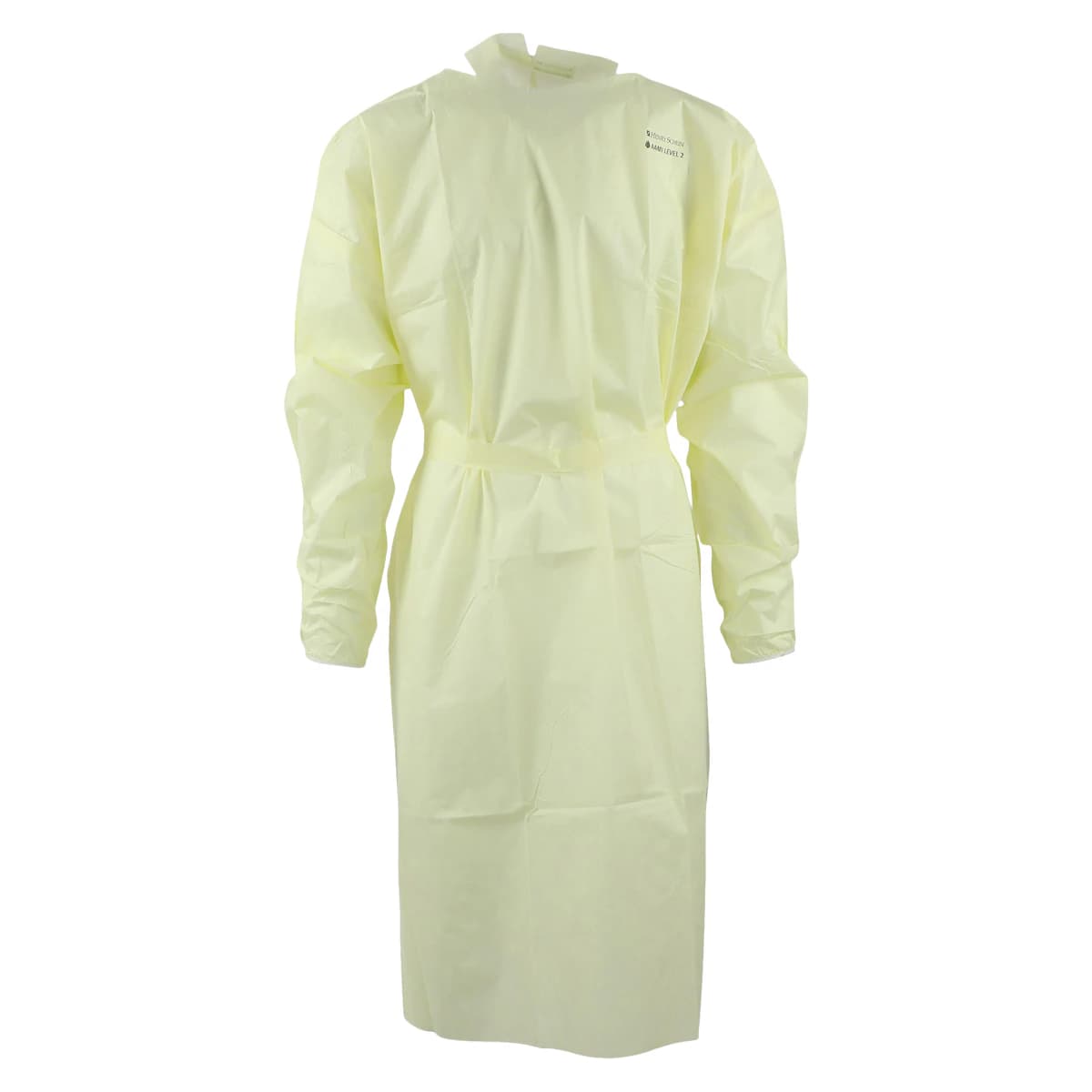 Isolation Gowns AAMI Level 2 SMS, Adult Large, Yellow, Knee Length, Non-Sterile, Round Neck, Tie Closure, Elastic Cuff, Long Sleeves, 10/Bag - Isolation Gowns AAMI 2 Yellow - Image 1