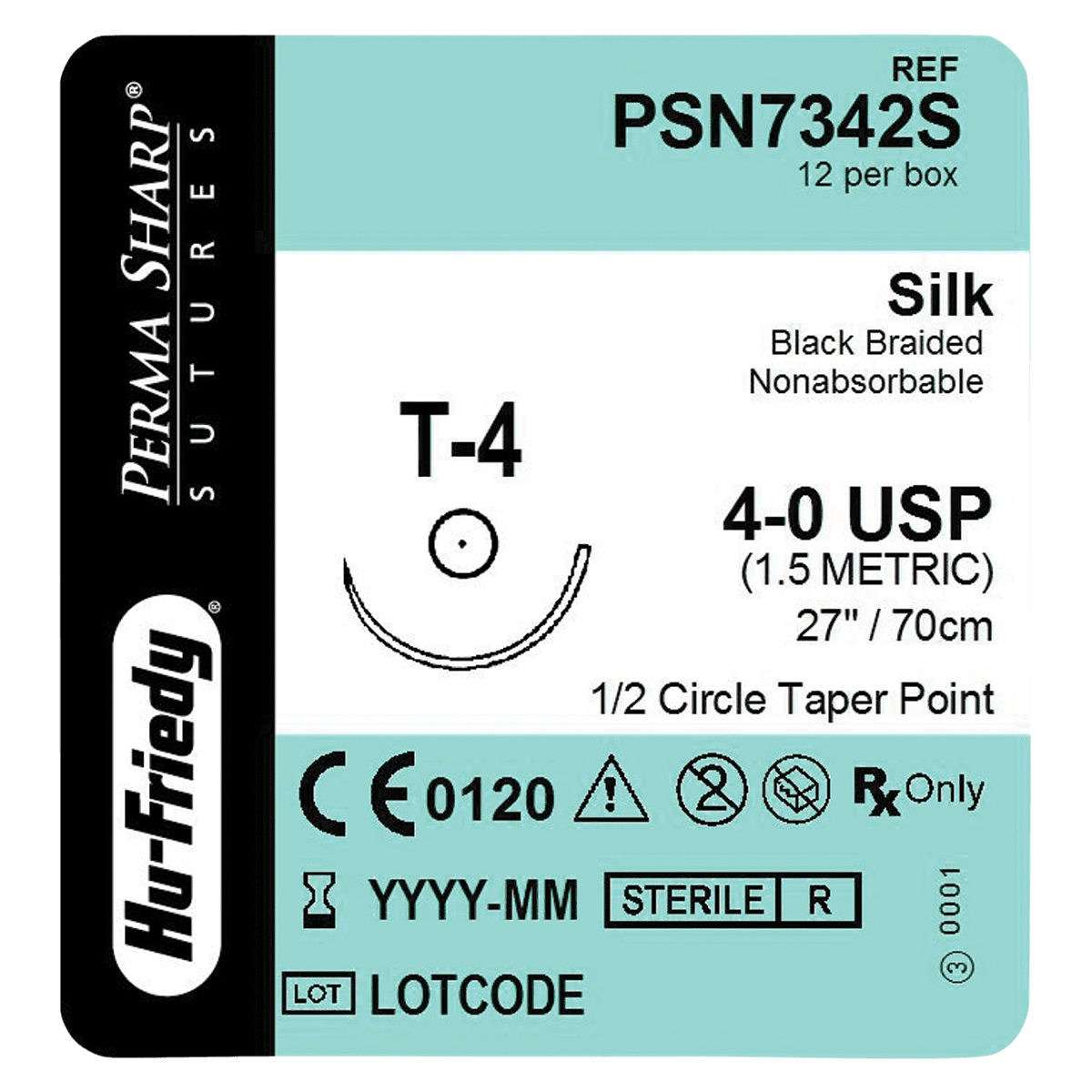Hu-Friedy Perma Sharp® Non-Absorbable Silk Black Braided Sutures, 4-0, T-4 Needle, 27", 1/2 Circle Taper Point, 22.2mm, 12/Box, PSN7342S - Perma Sharp® Sutures - Non-Absorbable Silk Black Braided - 4-0 / T-4 / 27" - Image 1