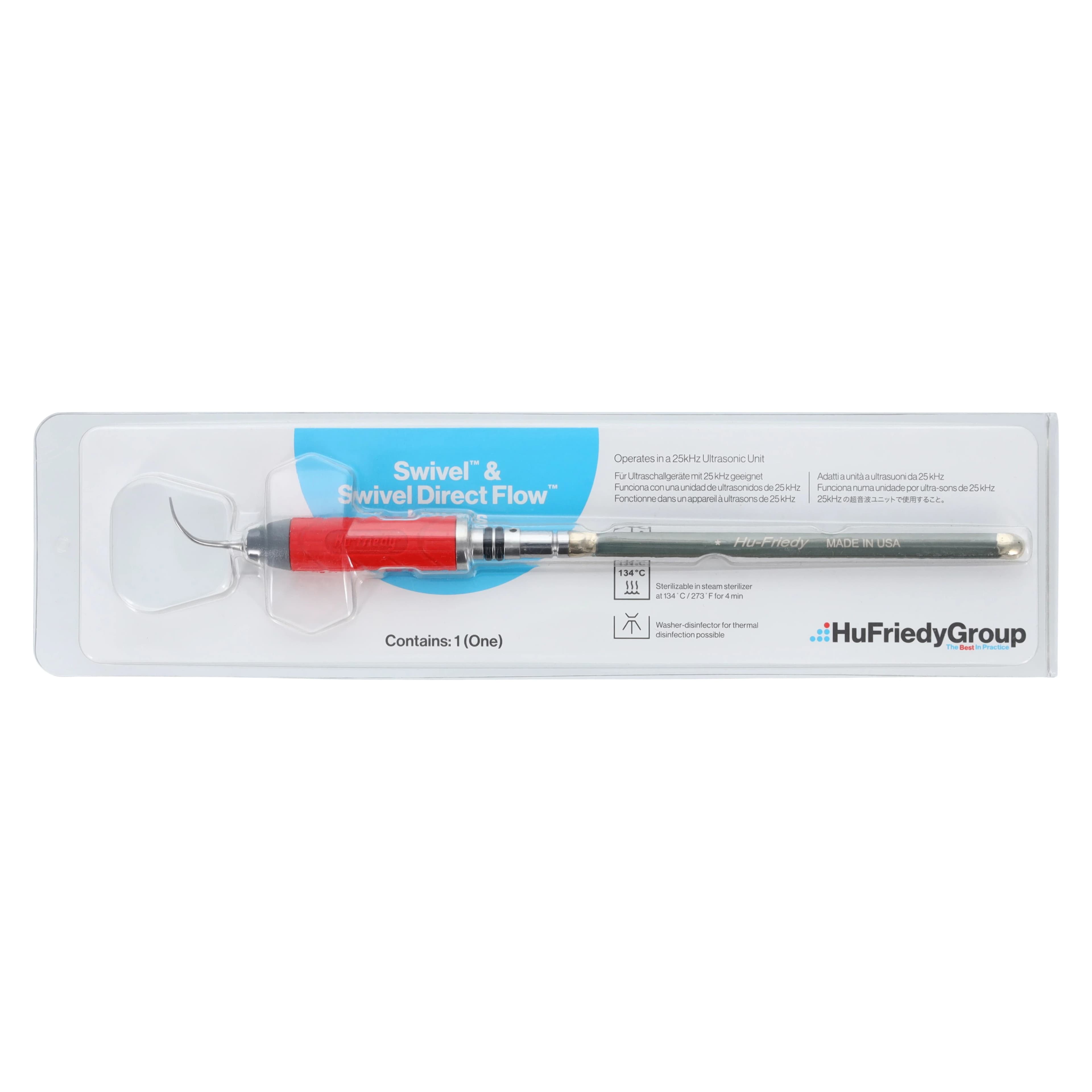 Hu-Friedy Swivel Direct Flow After Five Ultrasonic Insert, Right, 25 kHz, Red Resin Handle, 1/Pk, UI25SDR - Swivel Insert, Direct Flow, After Five, Right, 25K, 1/Pk - Image 1
