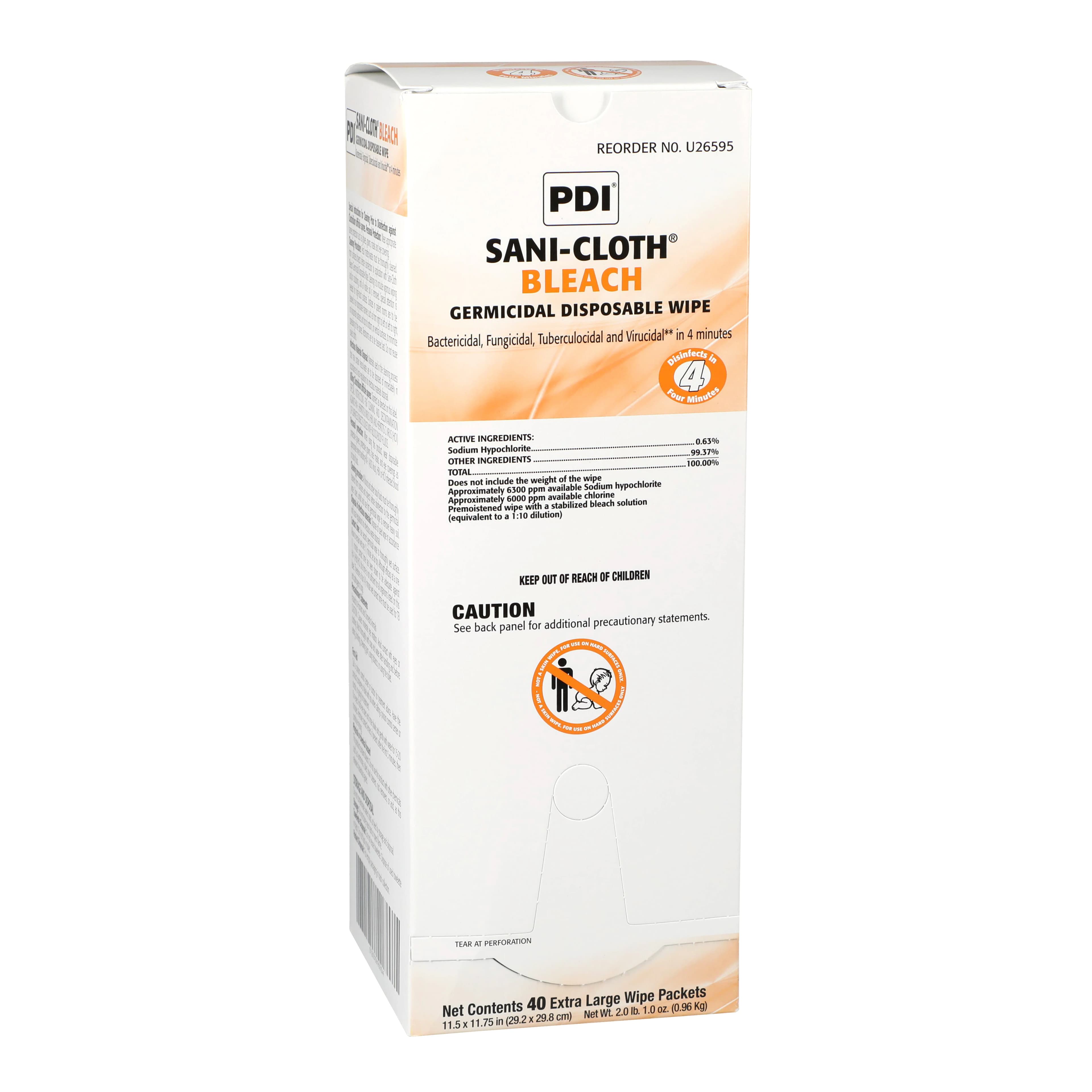 PDI Sani-Cloth Bleach Germicidal Disposable Wipes, X-Large, 11.5" x 11.75", Individually Wrapped, 40/Box, U26595 - PDI SANI-CLOTH BLEACH GERMICIDAL DISPOSABLE WIPE U26595 - Image 1