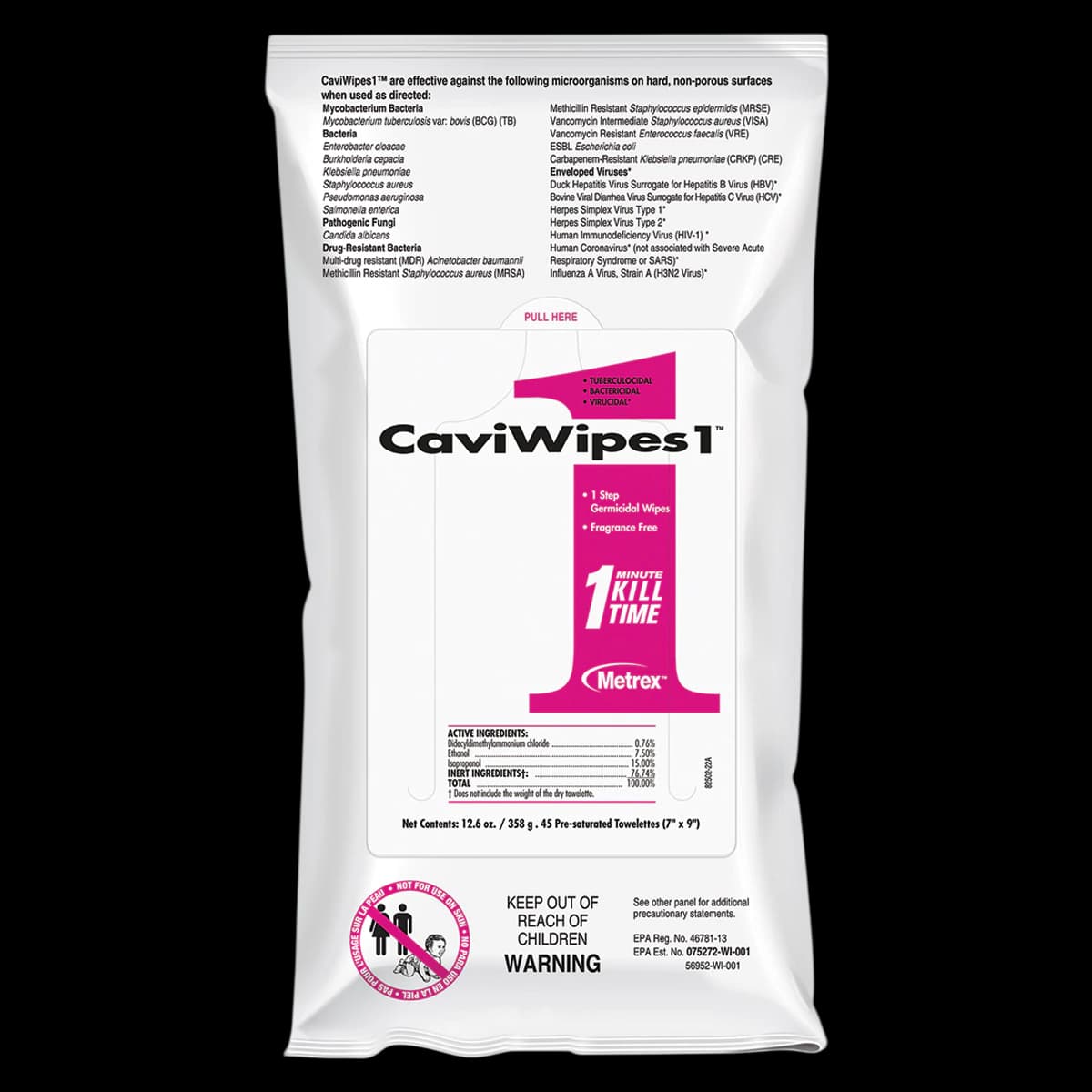 CaviWipes1 Disinfectant Towelettes, Flat Pack, 7" x 9", 45/Pk, EPA 46781-13 - CaviWipes1 Towelettes Flat Pack 7" x 9" 45/Pk. Disposable towelettes - Image 1