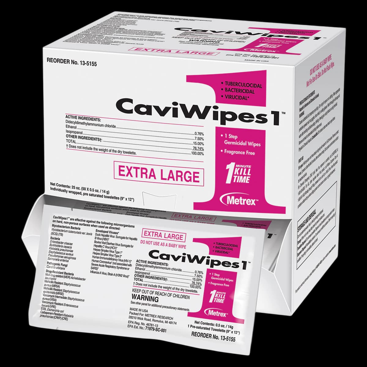 Metrex CaviWipes1 Disinfectant Wipes, Extra Large (9" x 12"), Individually Wrapped, 50/Box - CaviWipes1 Disinfectant Wipes - Image 1