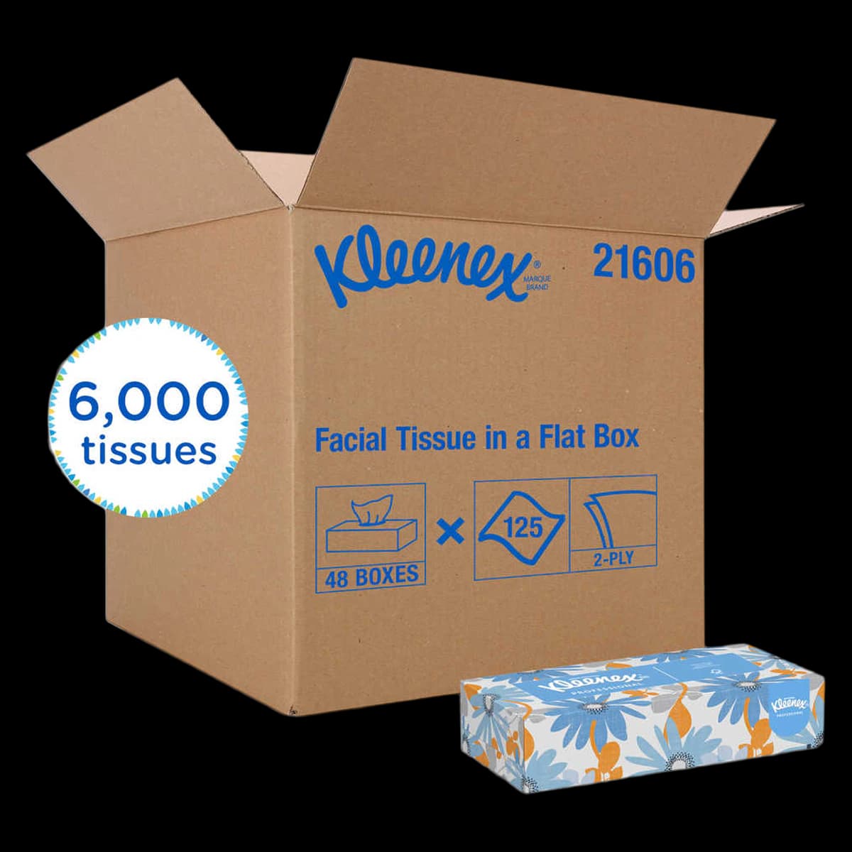 Kleenex Facial Tissues, 2-Ply, White, Flat Box of 125, 21606 - KIMBERLY-CLARK FACIAL TISSUE 21606 - Image 1