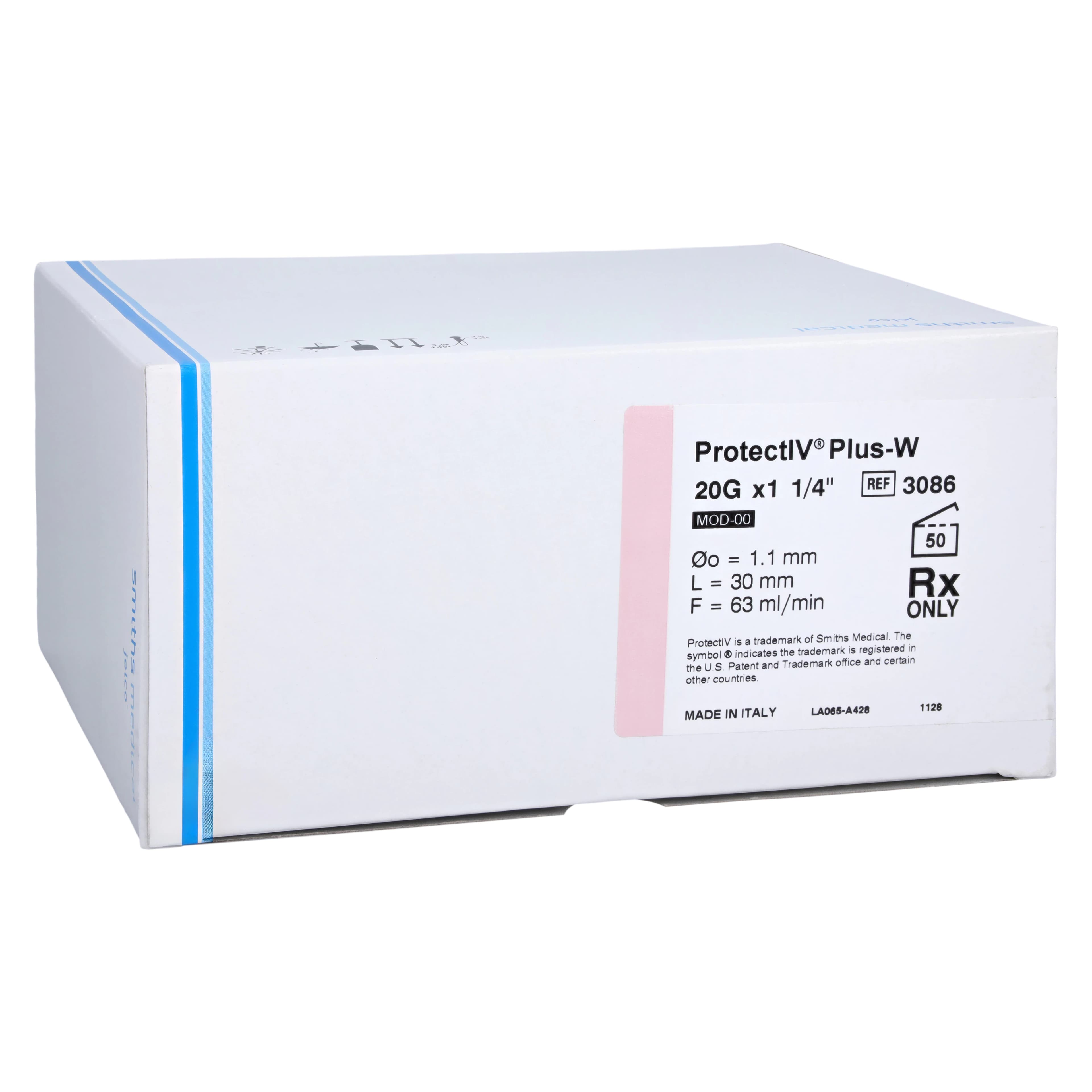 Jelco Protectiv Plus IV Catheter, 20 Gauge, 1-1/4" Winged, Safety, 63 mL/min, OCRILON Polyurethane, Sterile, Pink, 50/Box - Protectiv Plus IV Cath Wing - Image 1