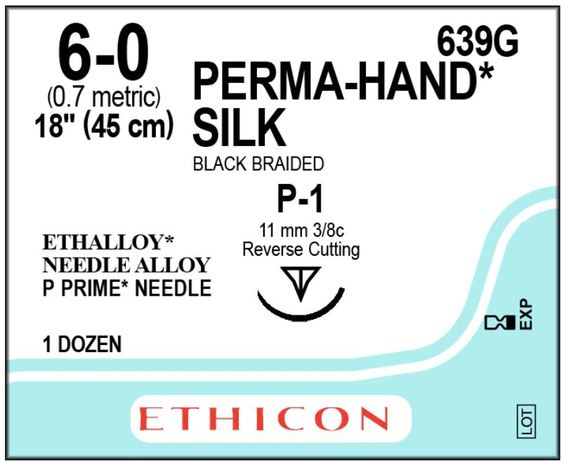 Ethicon Perma-Hand Silk Braided Non-Absorbable Suture, 6-0, 18", Black, P-1 Reverse Cutting Needle, 12/Box - Ethicon Perma-Hand 6/0, 18" Silk Black Braided Non-Absorbable Suture, 12/Box - Image 1