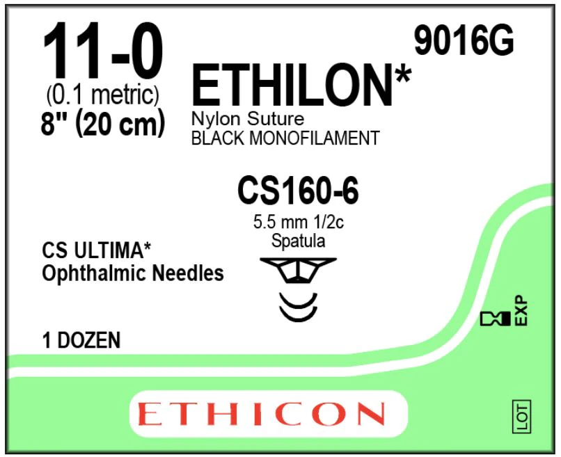 Ethicon Ethilon Nylon Suture, 11-0, 8", Black Monofilament, CS160-6 Ultima Spatula Needle, 1/2 Circle, 12/Box, 9016G - ETHICON ETHILON NYLON SUTURES, 9016G - Image 1