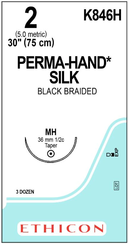 Ethicon Perma-Hand Silk Braided Non-Absorbable Suture, Size 2, 30 in, Black, MH Taper Point 1/2 Circle Needle 36mm, 36/Box - Suture Silk Blk/Br MH - Image 1