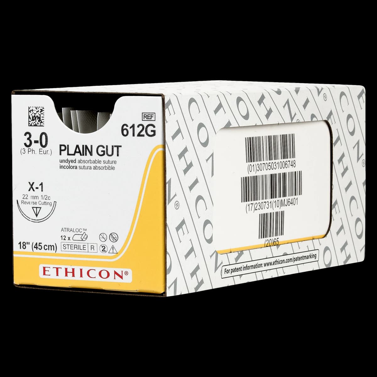 Ethicon Plain Gut Absorbable Suture, 3-0, 18", X-1 Reverse Cutting Needle, 12/Box, 612G - Reverse Cutting Plain Gut Absorbable Sutures by Ethicon - Image 1