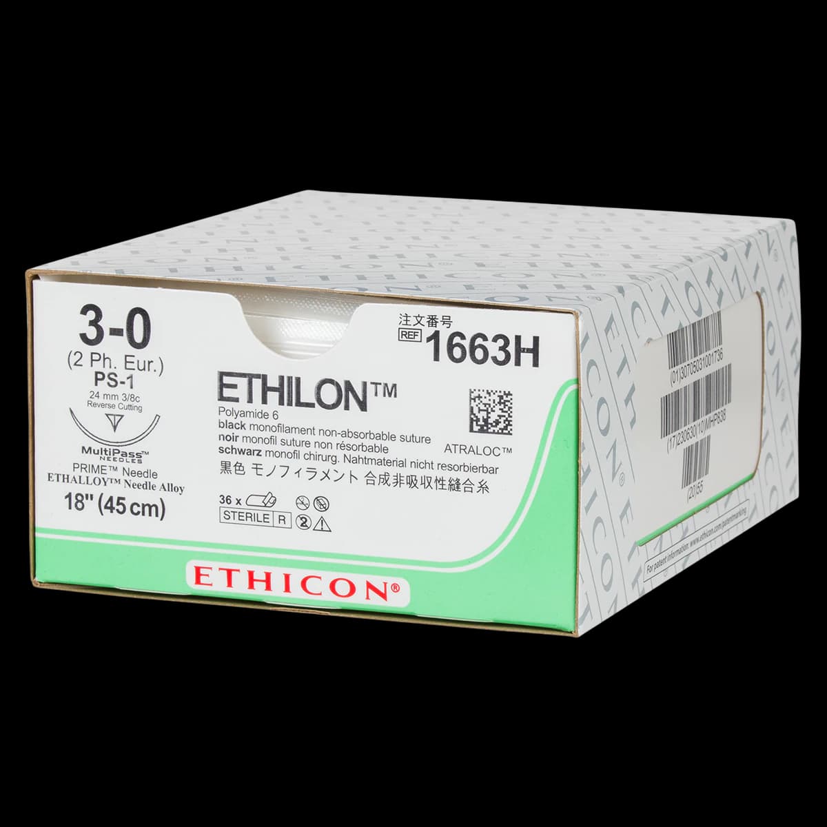 Ethilon Nylon Monofilament Non-Absorbable Suture, 3-0, 18", PS-1 Reverse Cutting 3/8 Circle Needle, Black, 36/Box, 1663H - Suture Ethilon Mono Blk Ps1 - Image 1