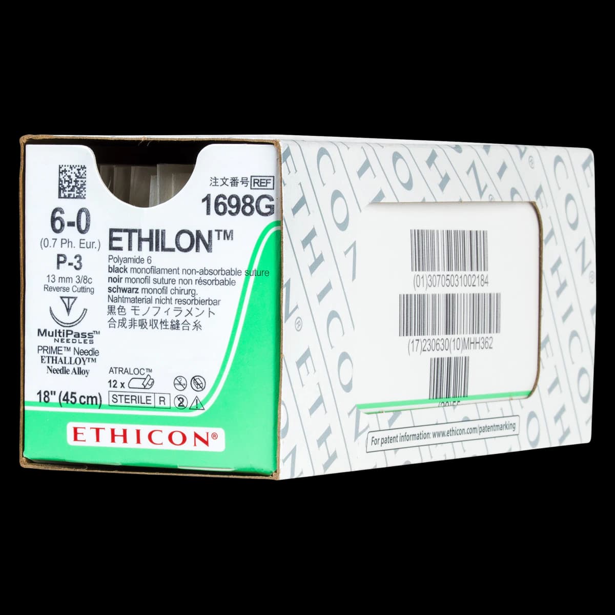 Ethicon Ethilon Nylon Monofilament Non-Absorbable Suture, 6-0, 18", Black, P-3 Precision Point Reverse Cutting Needle, 3/8 Circle, 12/Box, 1698G - Precision Point Ethilon Non-Absorbable Sutures by Ethicon - Image 1