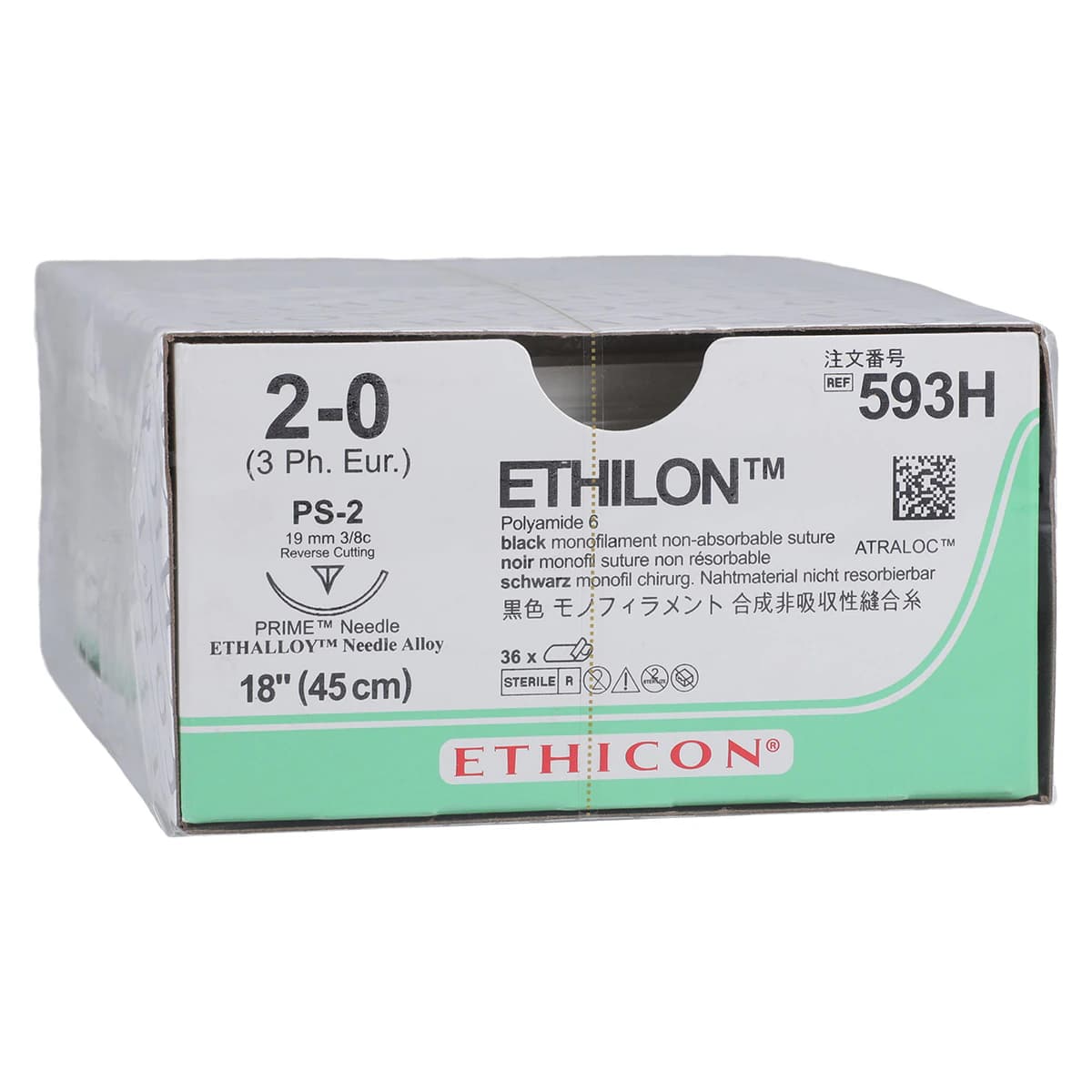 Ethilon Nylon Monofilament Non-Absorbable Suture, Size 2-0, 18", Black, PS-2 Prime Reverse Cutting Needle, 36/Box - Suture Ethln Nyl Mono Blk PS-2 - Image 1