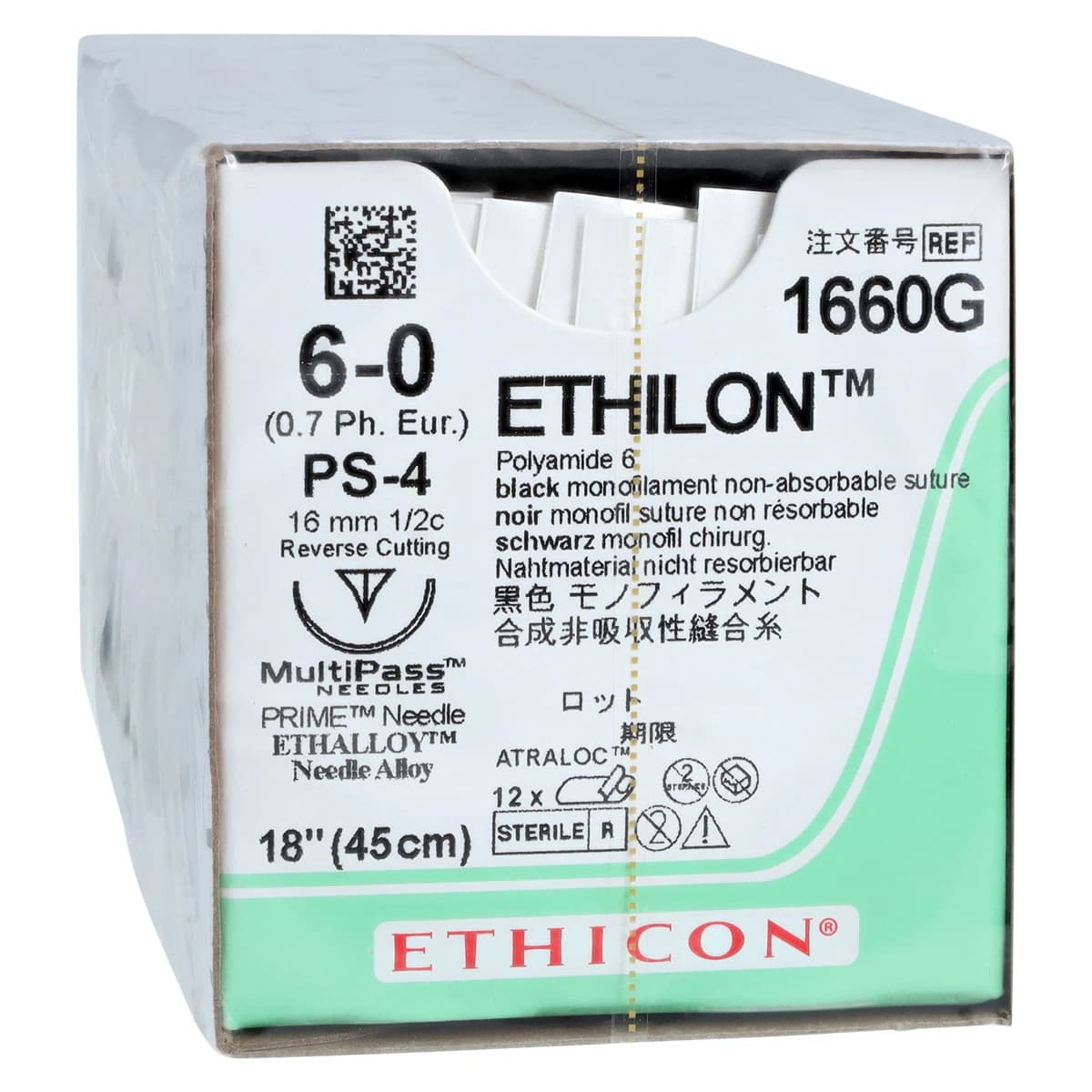 Ethicon Ethilon Nylon Monofilament Suture, Size 6-0, 18", PS-4 Prime Reverse Cutting Needle, 1/2 Circle, Black, 12/Box, 1660G - ETHICON ETHILON NYLON SUTURES, 1660G - Image 1