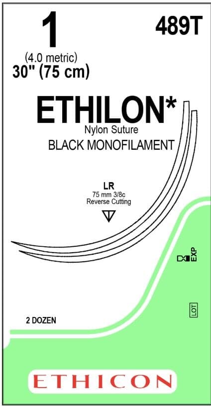 Ethilon Nylon Monofilament Non-Absorbable Suture, Size 1, 30 in, Black, LR/LR Reverse Cutting 3/8 Circle Needle, 24/Box - Suture Ethilon Nyl Mono Blk Lr - Image 1