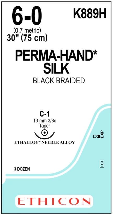 Perma-Hand Silk Braided Non-Absorbable Suture, 6-0, 30", C-1 Taper Point 3/8 Circle Needle 13mm, Coated Black, 36/Box - Suture Silk Blk/Br C-1 - Image 1