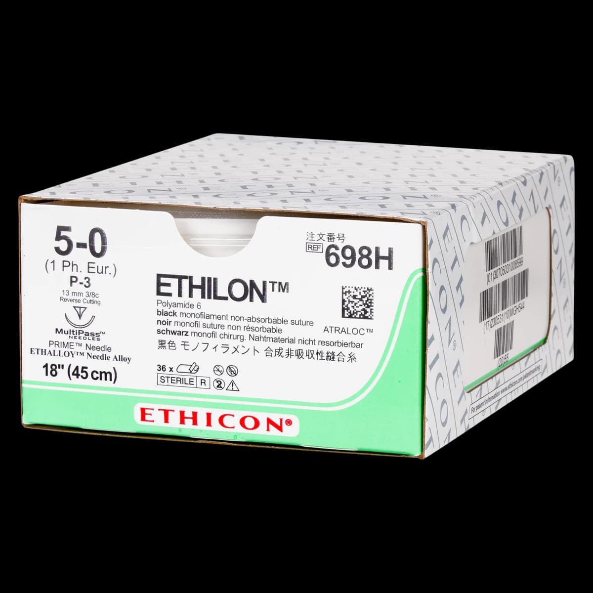 Ethilon Nylon Monofilament Non-Absorbable Suture, 5-0, 18", Black, P-3 Precision Point Reverse Cutting 3/8 Circle Needle, 36/Box, 698H - Suture Ethilon Nyl Mono Blk P3 - Image 1