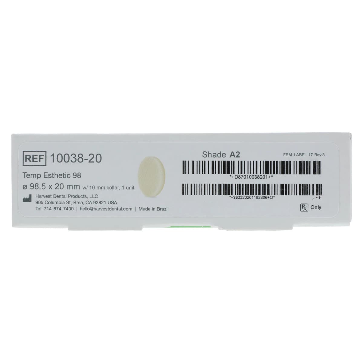 Harvest Esthetic DCL PMMA -ML- Denture + Temp Disc, 98 x 20 mm, Shade A2, 1/Pkg - Harvest Esthetic DCL PMMA -ML- Denture + Temp Disc – 98 x 20 mm - A2 - Image 1
