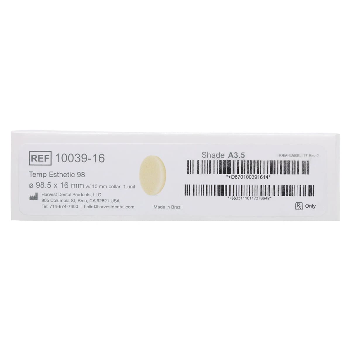 Harvest Esthetic DCL PMMA Denture + Temp Disc, A3.5, 98 x 16 mm - Harvest Esthetic DCL PMMA -ML- Denture + Temp Disc – 98 x 16 mm - A3.5 - Image 1