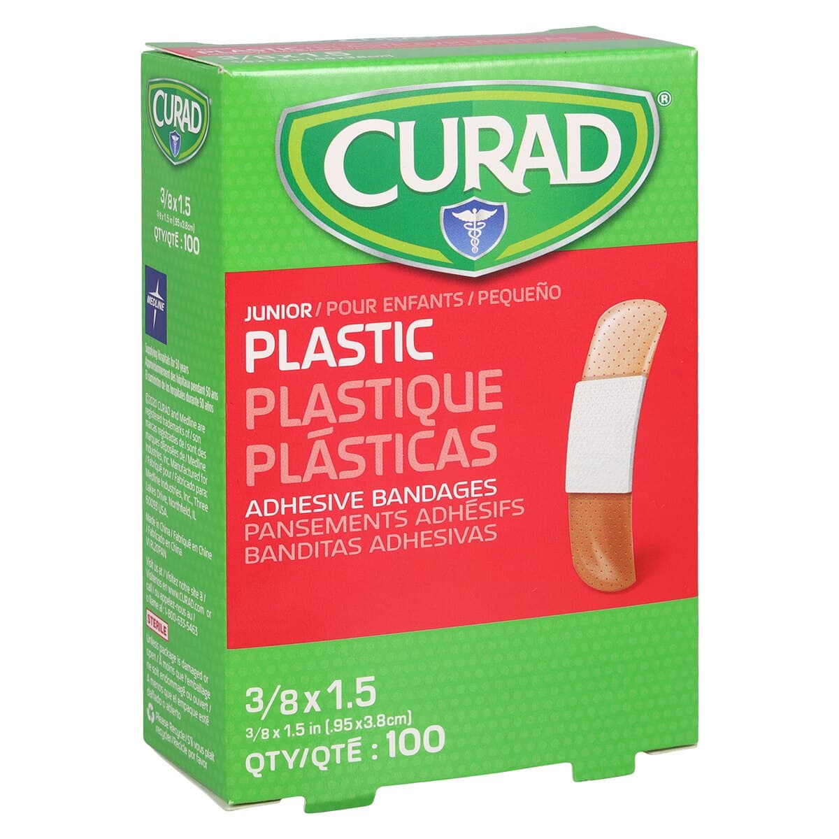 Curad Plastic Junior Adhesive Bandages, 1.5" x 0.38", Flesh, Sterile, 100/Box - Bandage Curad Plastic Junior - Image 1