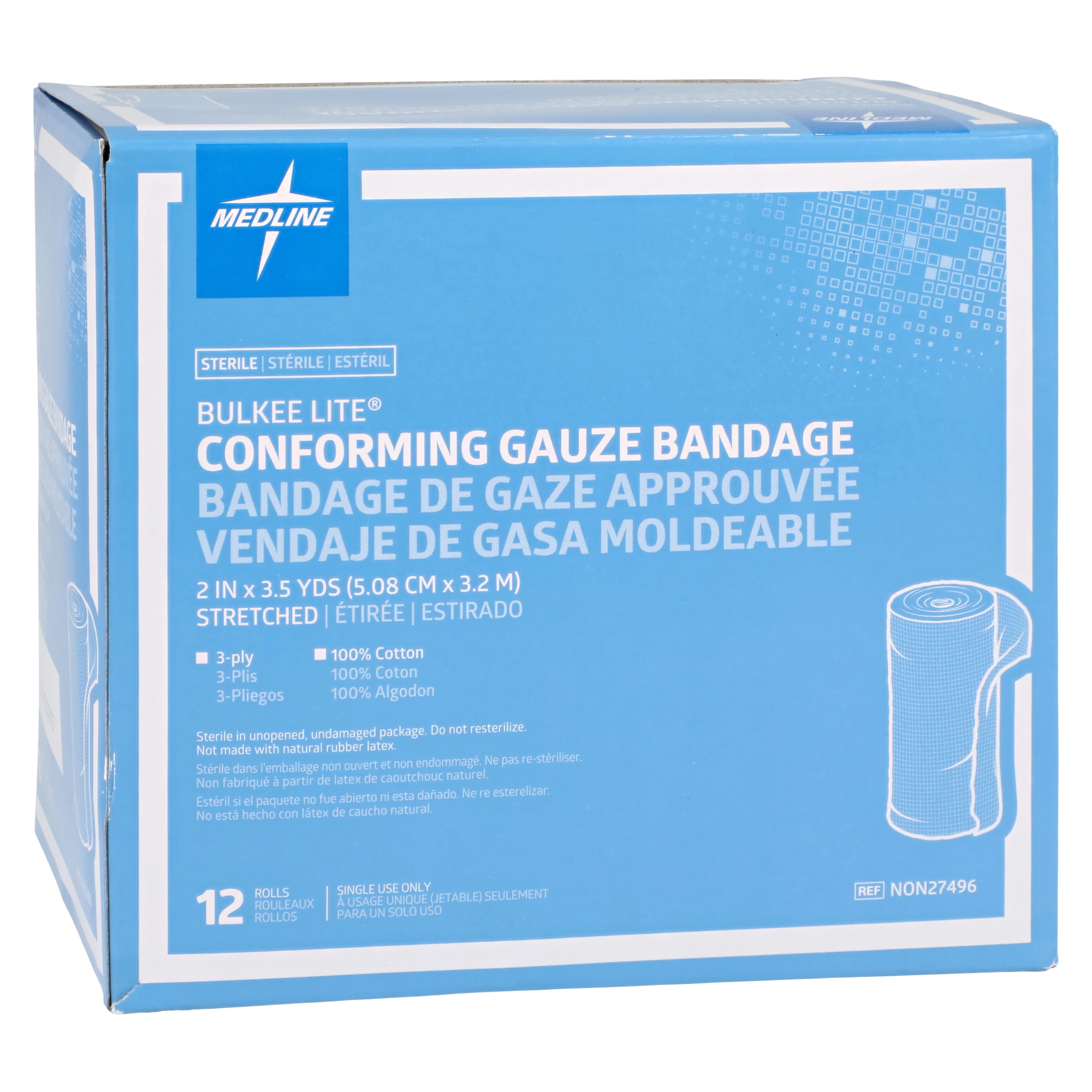 Medline Bulkee Lite Gauze Bandage, 2" x 3.5 yd, 3 Ply, Sterile, 12/Box - Bandage Fluff Bulkee Lt 3Pl ST - Image 1