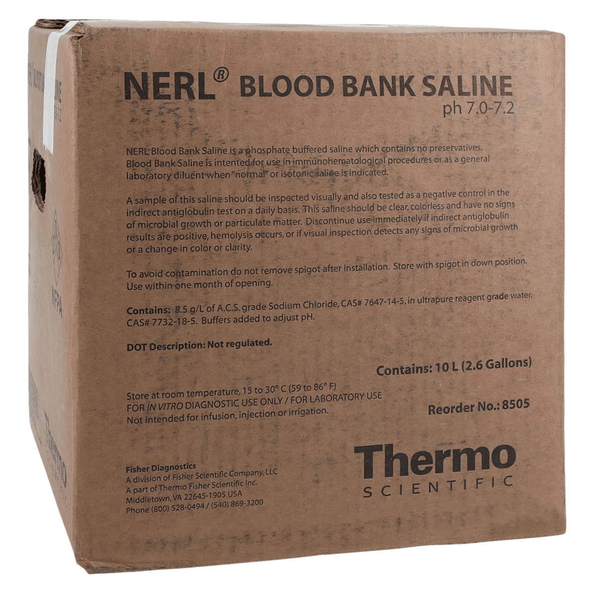 Nerl Diagnostic Corp Blood Bank Saline Solution, pH 7.0-7.2, 10L - Saline Blood Bank PH 7.0-7.2 - Image 1