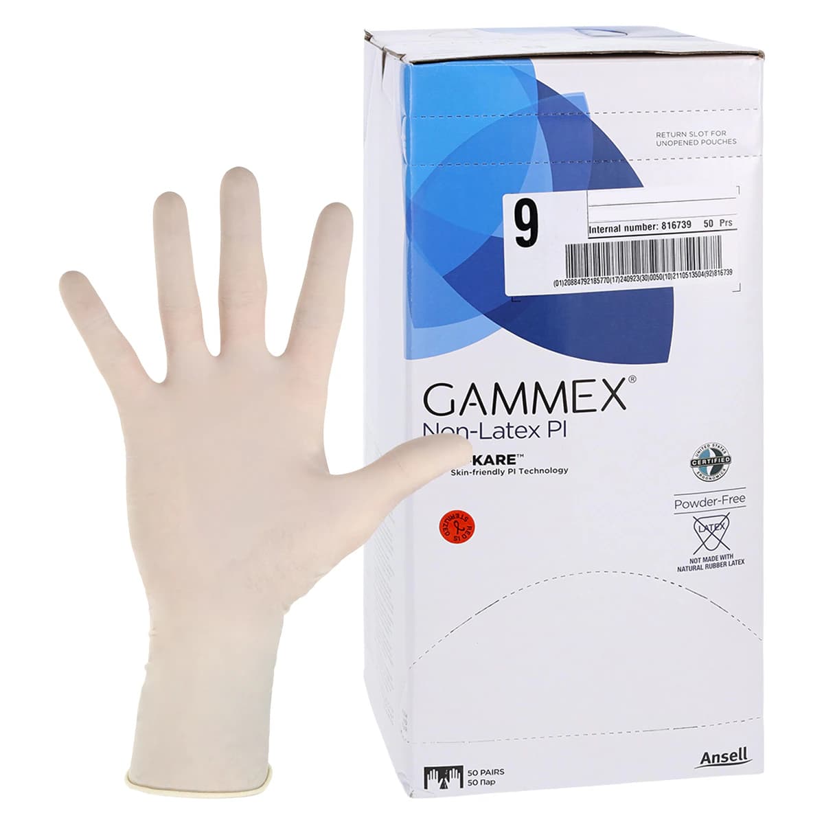 GAMMEX Non-Latex PI White Polyisoprene Surgical Gloves, Powder Free, Sterile, Size 9, 50 pairs/box, 20685790 - GAMMEX Non-Latex PI White Polyisoprene Surgical Gloves, 50 pairs/box: Size 9 - Image 1