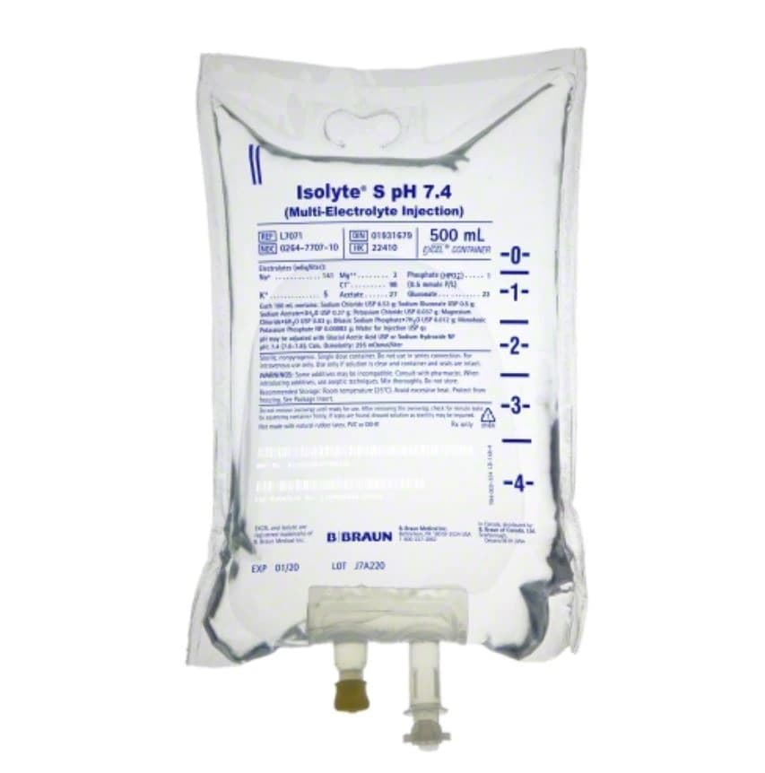 B. Braun Isolyte S pH 7.4 Multiple Electrolyte IV Solution, 500 mL Bag, DEHP-Free, Latex-Free, 24/Case - Isolyte S PH 7.4 Multi Elect - Image 1