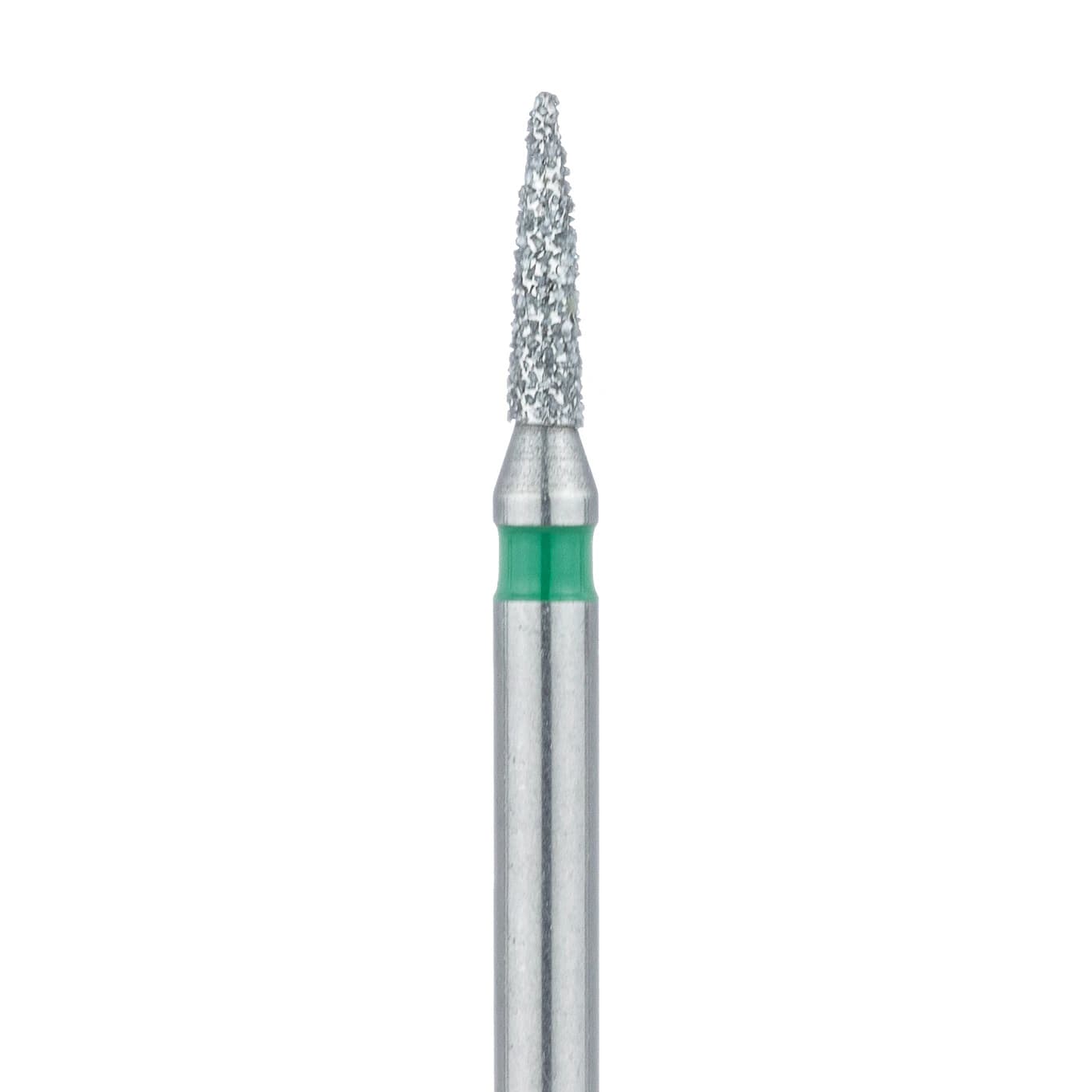 Meisinger 861G-012-FG Coarse Diamond Bur, Flame Shape, Friction Grip, 1.2 mm Head Diameter, 5.0 mm Head Length, Green Ring, 5/Pkg - Diamond Instruments – FG, Coarse, Green, Flame, Point End - 861G-012-FG, 1.2 mm Head Diameter, 5.0 mm Head Length, 5/Pkg - Image 1