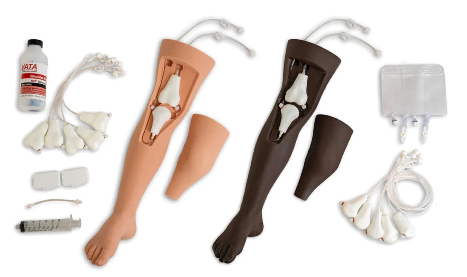 Penny Pediatric Intraosseous Leg Training Simulator, Dark Skin, with Leg Base, Replaceable Skin Insert w/ Patella, 6 Tibia Bones, 6 Femur Bones, Wax Pack, Tubing & Blood Bags, Syringe, Storage Box - Penny Pediatric IO Leg - Image 1