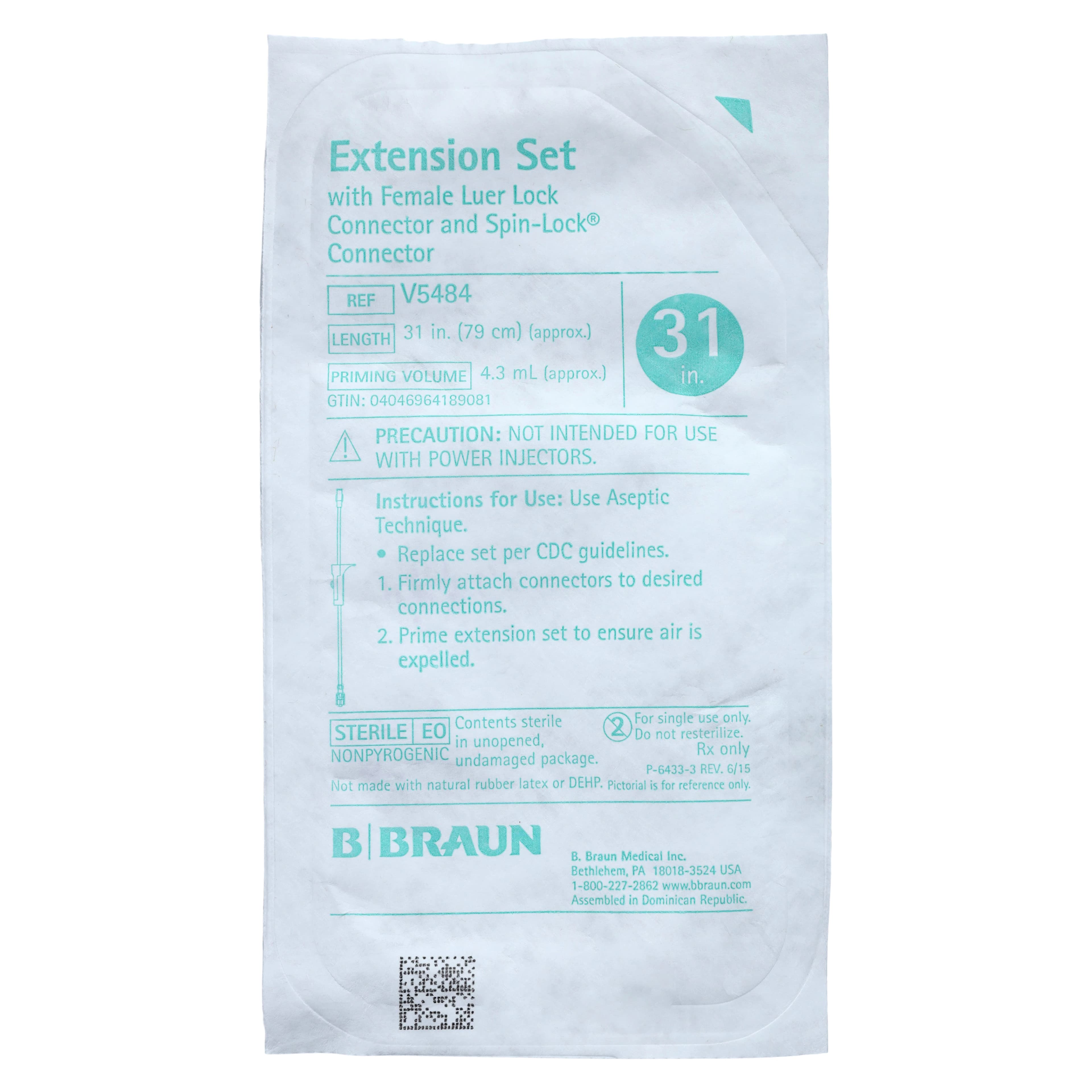 B. Braun Peripheral IV Extension Set, Large Bore, 31" (78.7 cm), without Y-Injection Site, Female Luer Lock to Distal SPIN-LOCK Connector, Roller Clamp, Non-DEHP, Sterile, 50/Case - Extension Set Lg Bore - Image 1