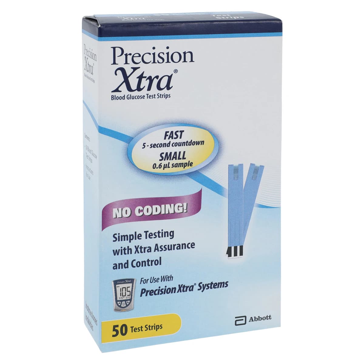 Precision Xtra Blood Glucose Test Strips, CLIA Waived, 50 Count, 50/Box - Precision X-tra Test Strips - Image 1