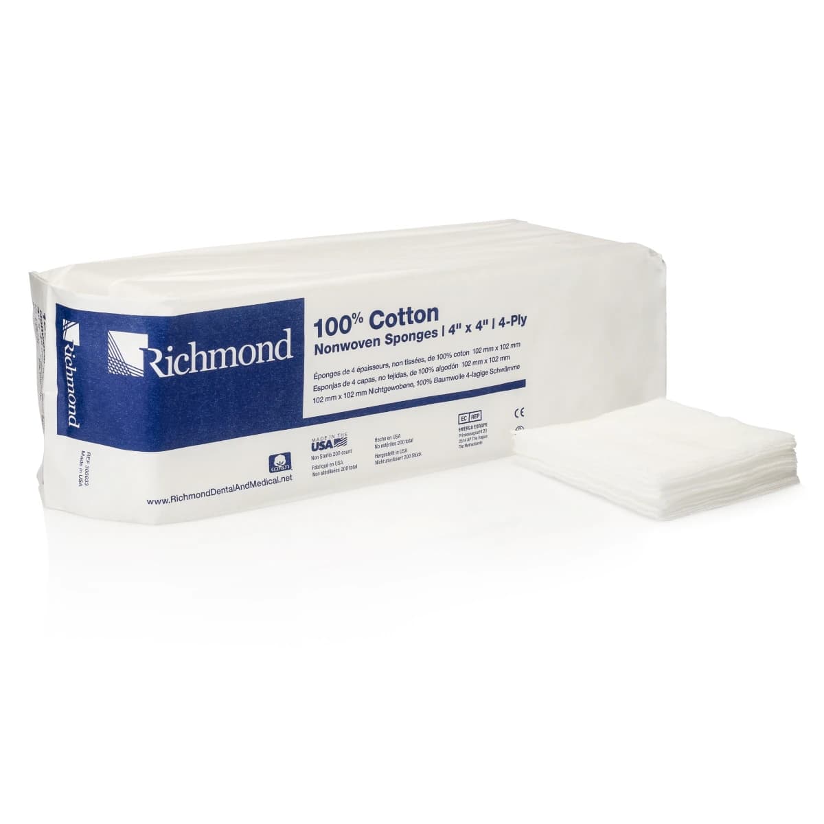 Richmond 100% Cotton Non-Woven Sponges, 4-Ply, 4" x 4", Non-Sterile, 2000/Case, 300633 - 100% Cotton Non-Woven Sponge - Image 1