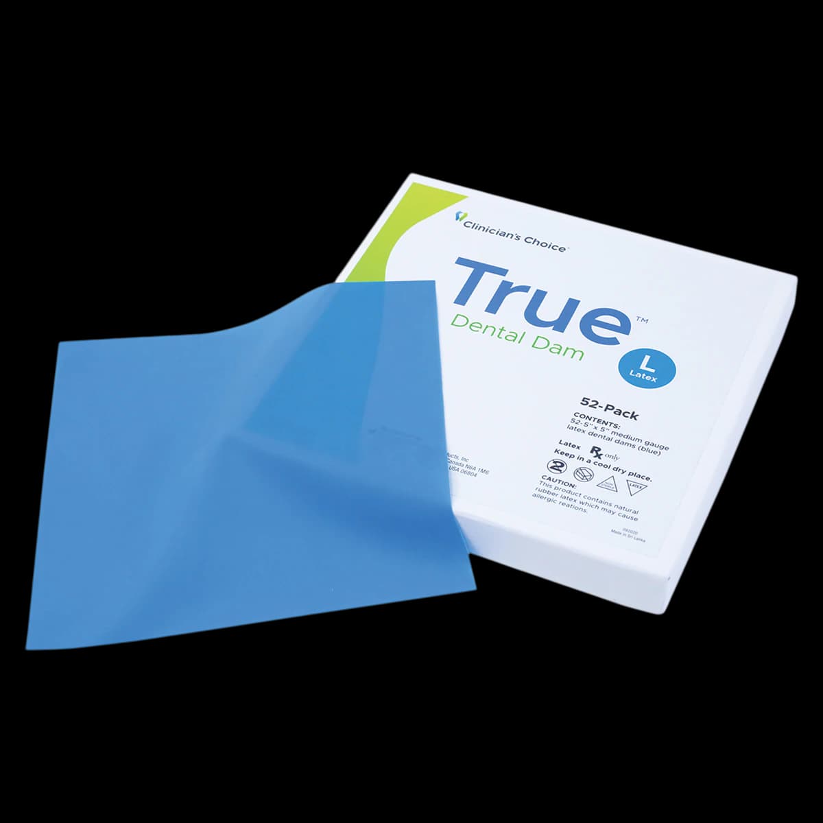 True Dental Dam Latex Rubber Dam, 5 x 5 in, Medium Gauge, Blue, Unflavored, 52/Box - True Dental Dam Latex Rubber Dam - Image 1