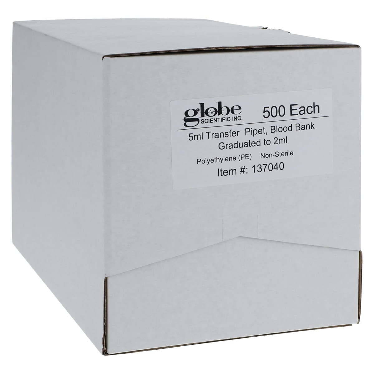 Globe Scientific Transfer Pipet, 5mL Graduated, 155mm, Non-Sterile, Disposable, Blood Bank, 500/Box - Pipette Transfer 5mL - Image 1