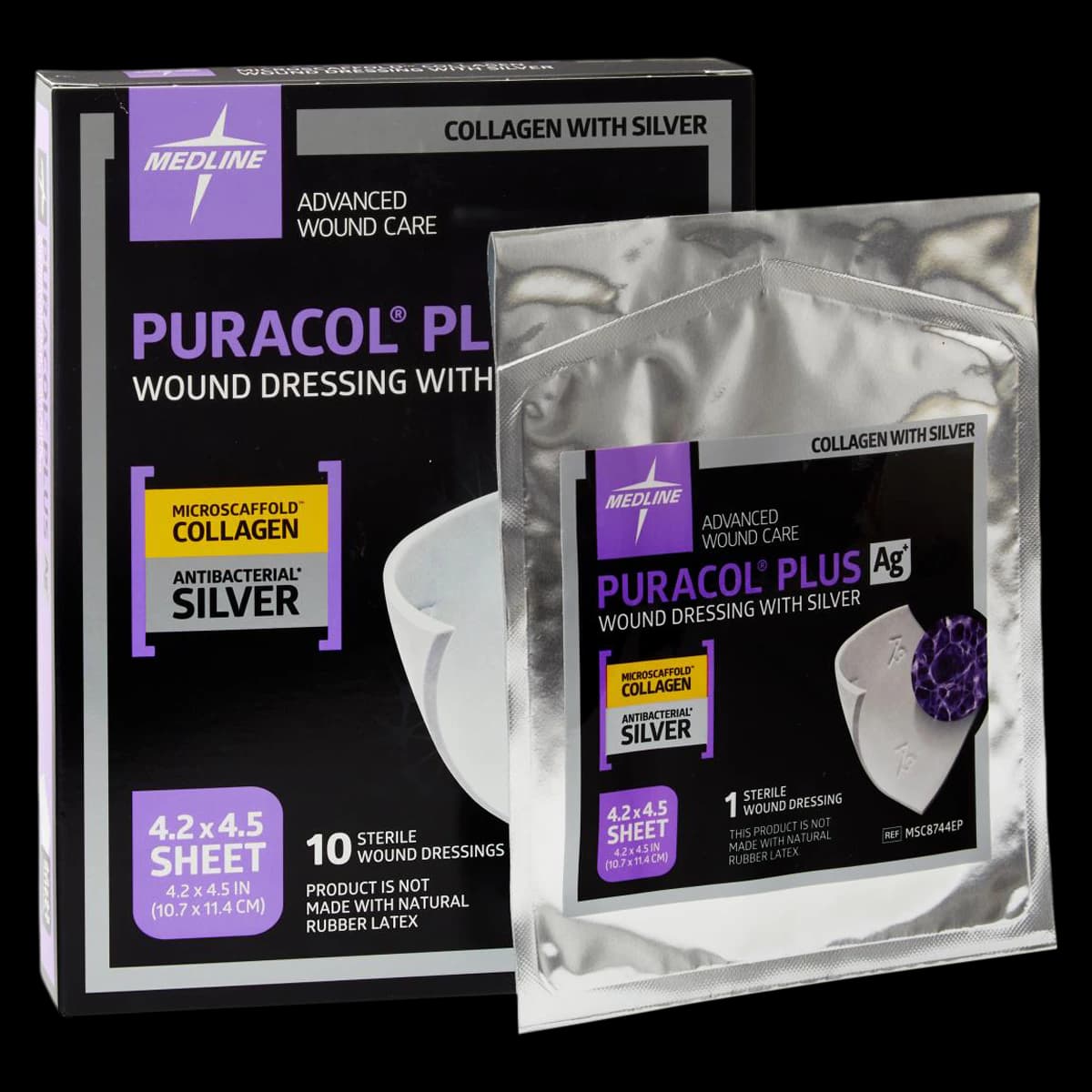 Puracol Plus AG+ Collagen Dressing, 4.25" x 4.5", Sterile, Highly Absorbent, Latex-Free - Puracol Plus Ag Collagen - Image 1
